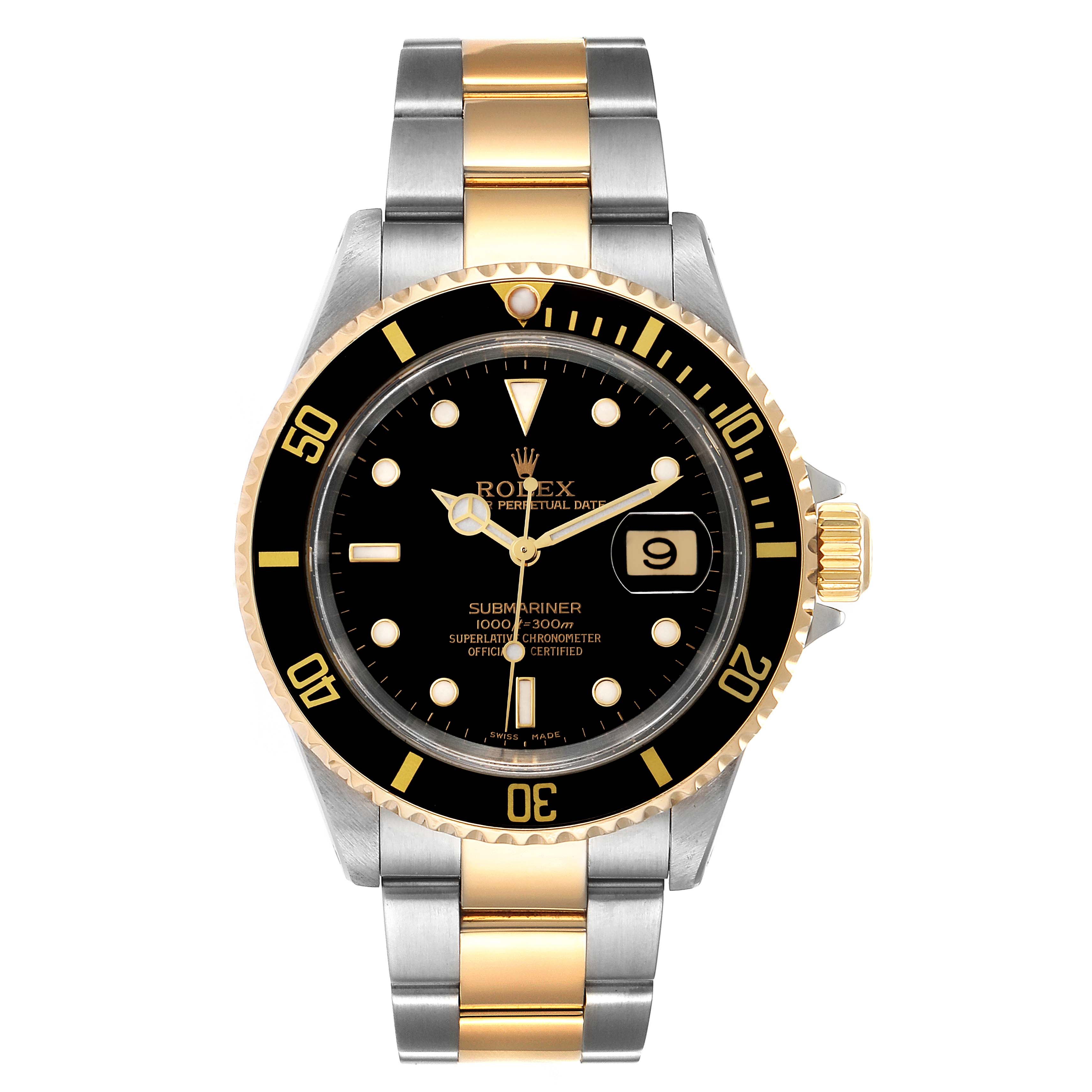 The image shows a Rolex Submariner 16613 Men's Steel and Gold (two tone) Black Dial 16613 Men's Steel and Gold (two tone) Black Dial watch from the front, highlighting the dial, bezel, and bracelet.
