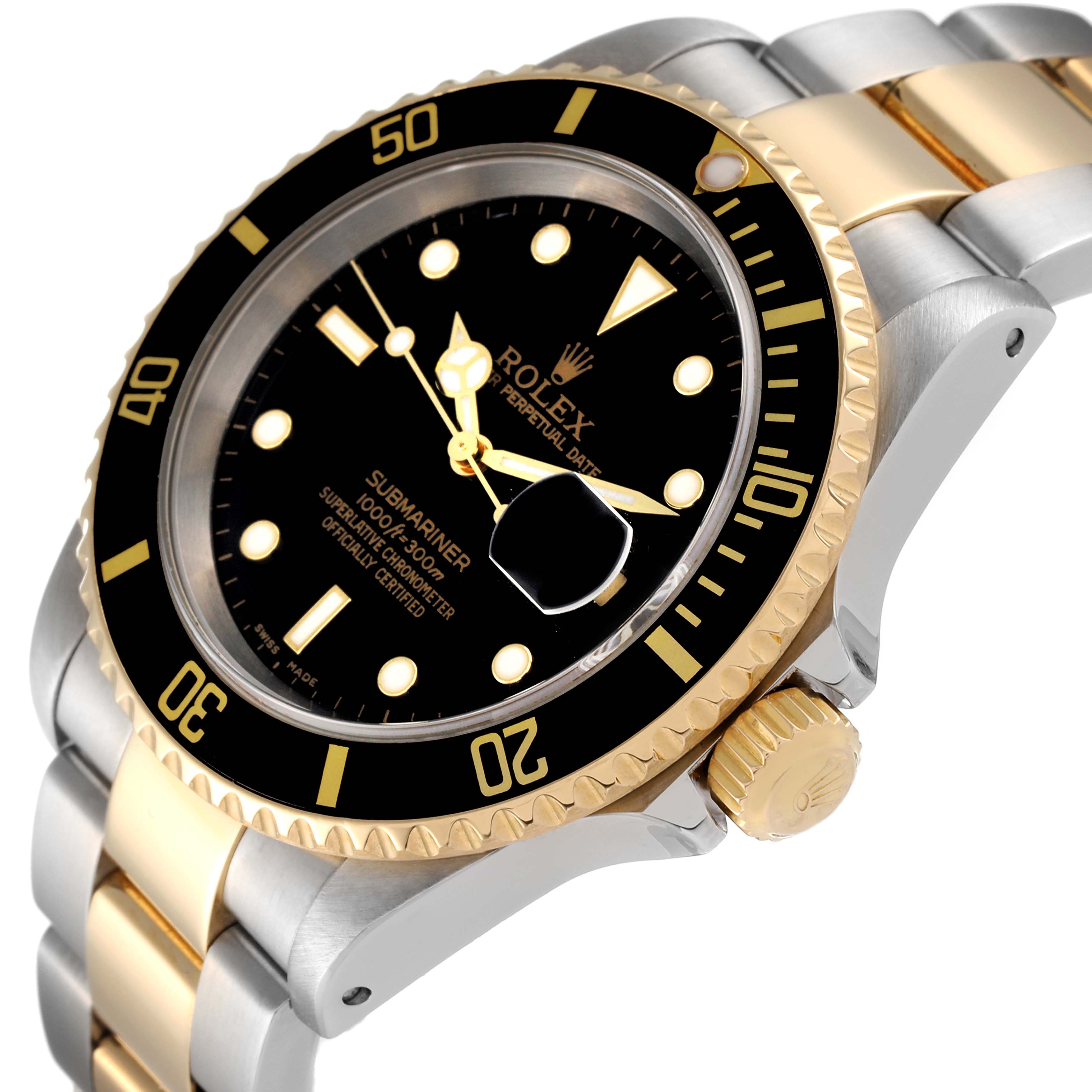 The Rolex Submariner 16613 Men's Steel and Gold (two tone) Black Dial 16613 Men's Steel and Gold (two tone) Black Dial is shown at an angle highlighting the face, bezel, crown, and part of the bracelet.