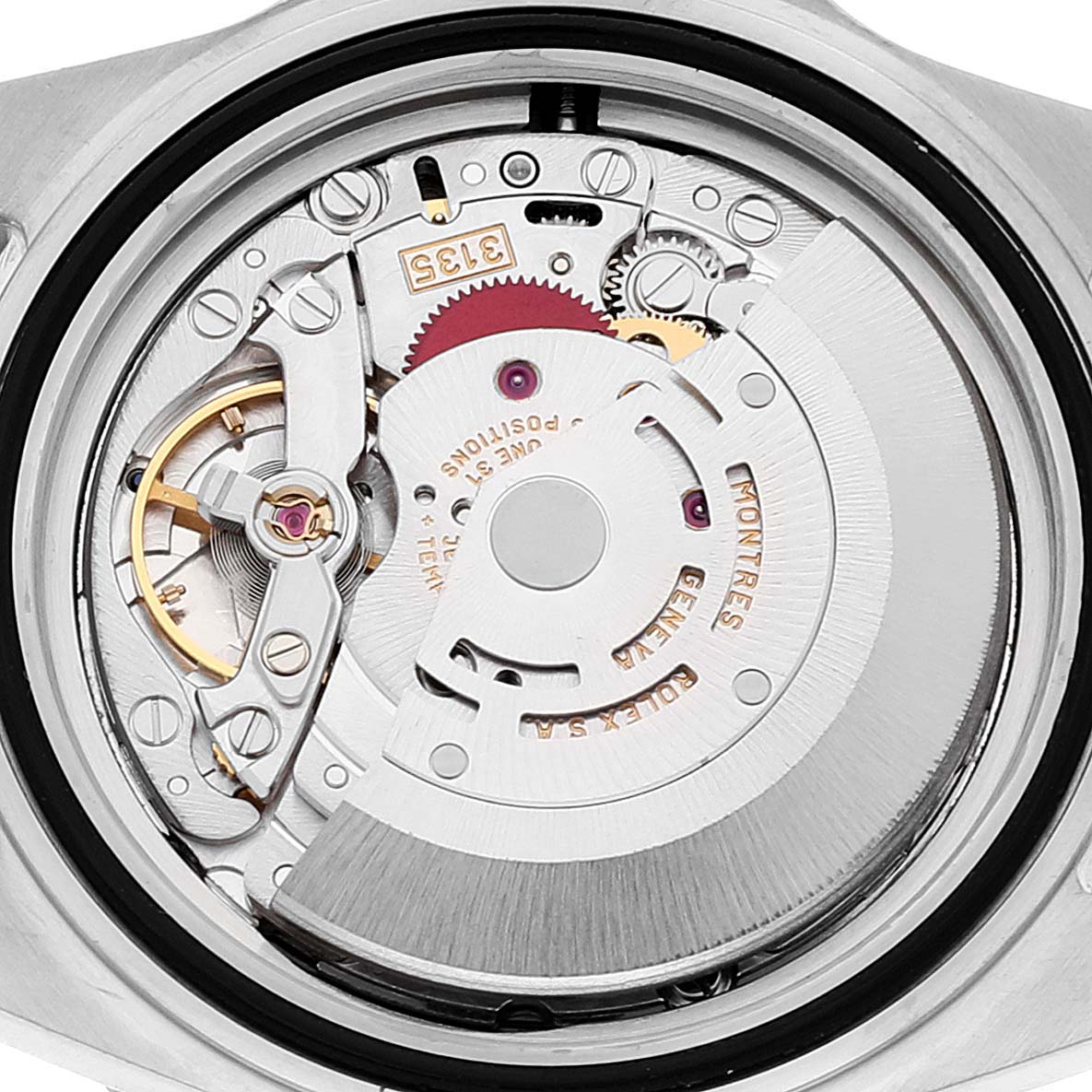 This image shows a close-up view of the automatic movement inside a Rolex Submariner 16613 Men's Steel and Gold (two tone) Black Dial 16613 Men's Steel and Gold (two tone) Black Dial watch.