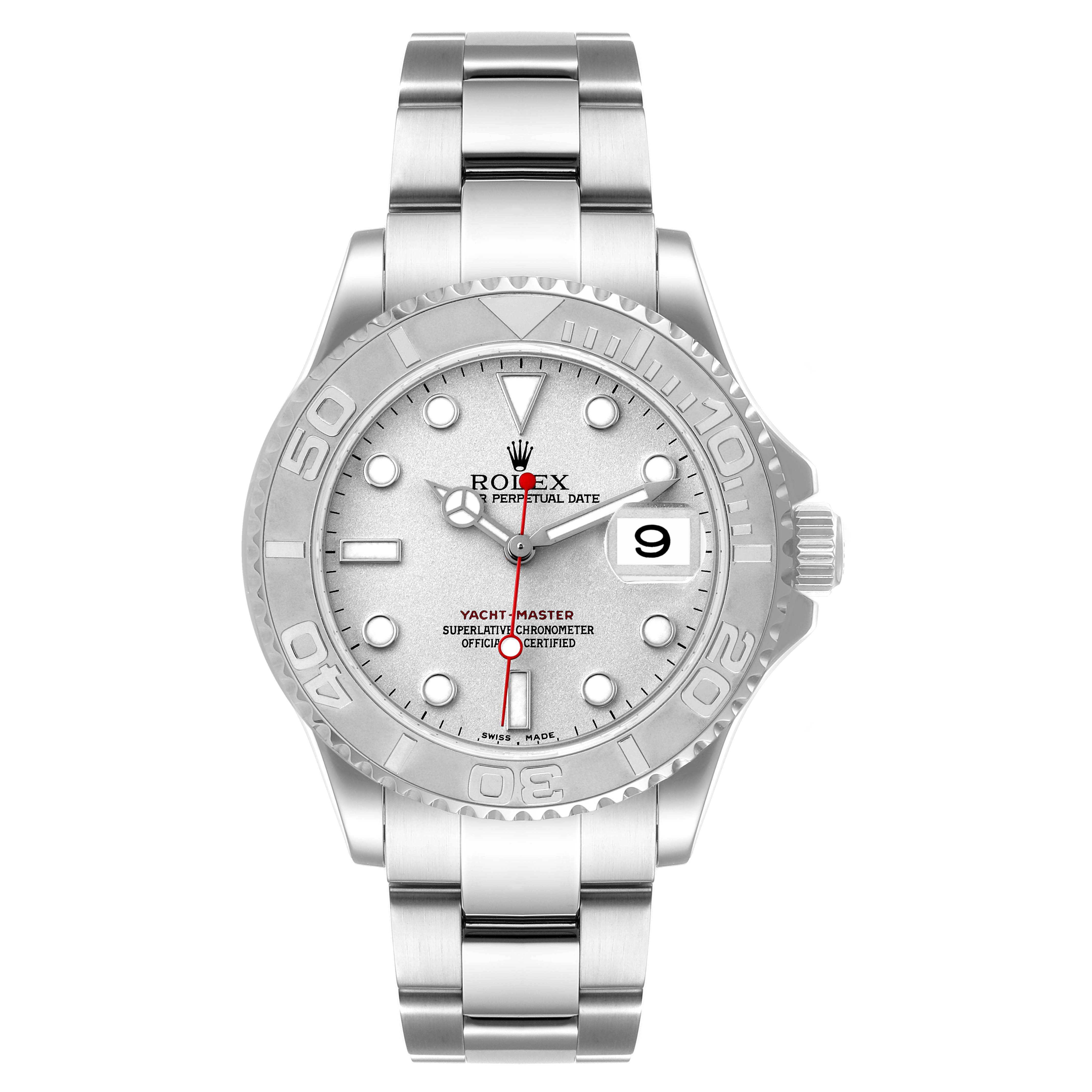 The image shows a front view of a Rolex Yacht-Master 16622 Men's Stainless Steel Silver Dial 16622 Men's Stainless Steel Silver Dial watch, featuring its dial, bezel, bracelet, and date display.