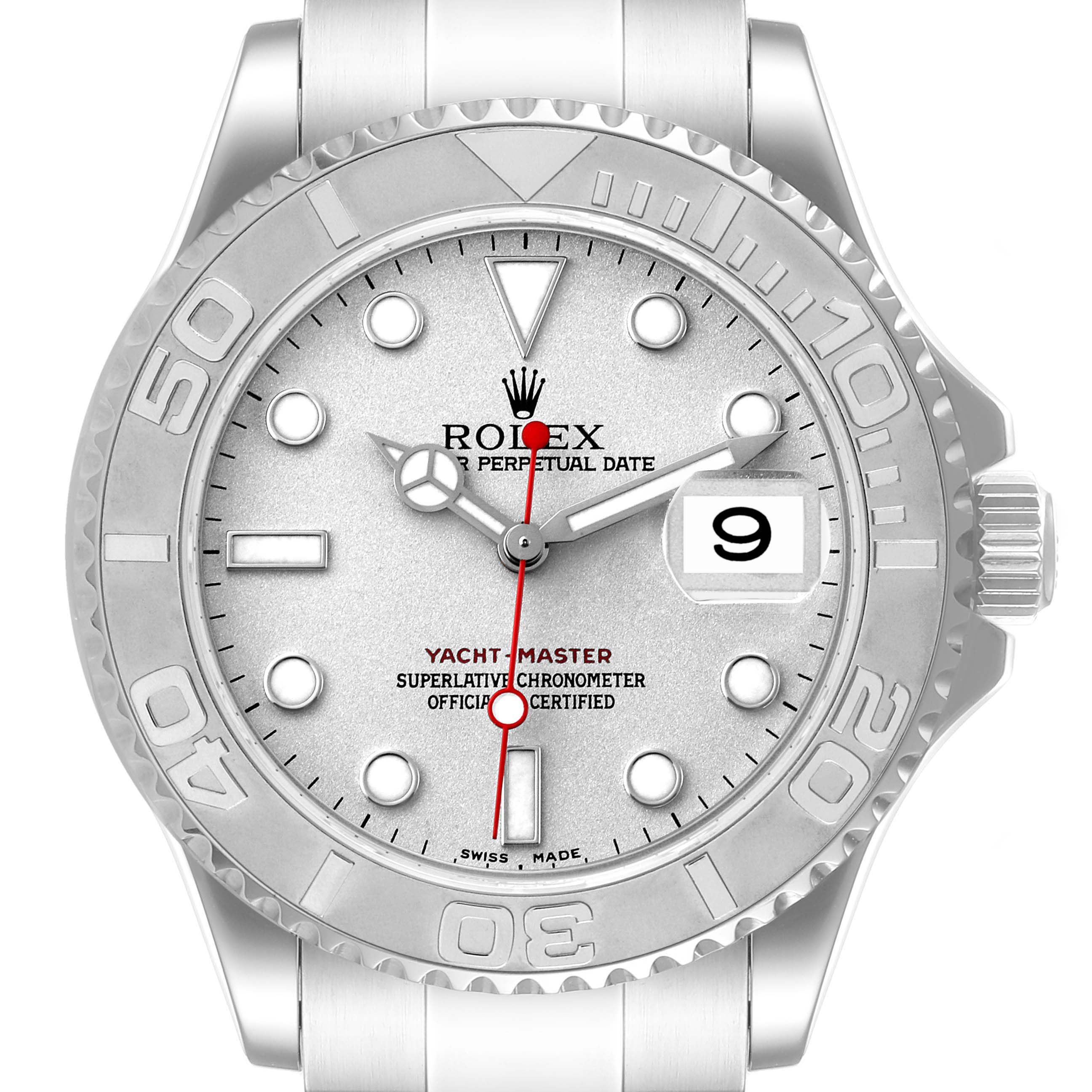 The image shows a front view of the Rolex Yacht-Master 16622 Men's Stainless Steel Silver Dial 16622 Men's Stainless Steel Silver Dial, highlighting the dial, bezel, and date window.