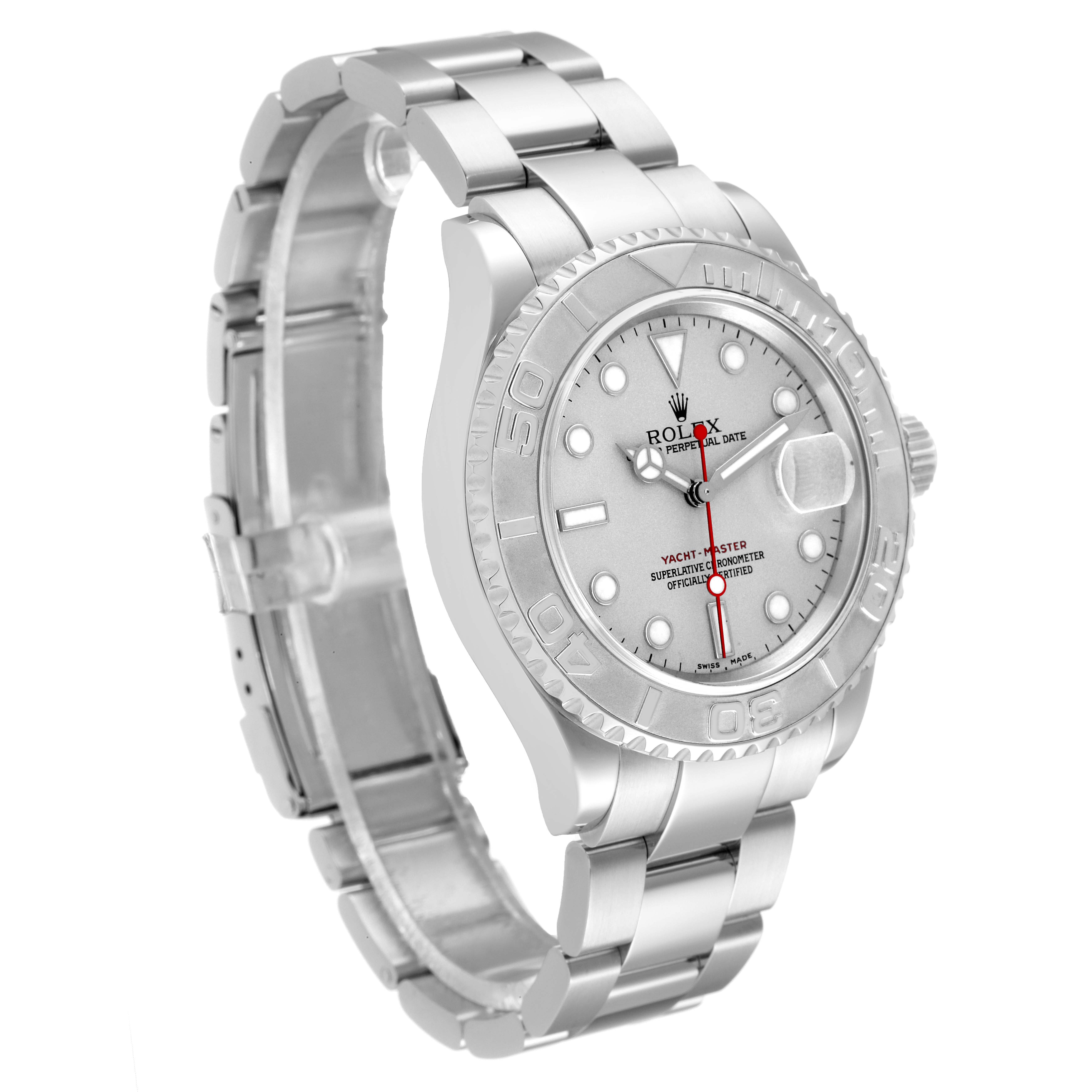This Rolex Yacht-Master 16622 Men's Stainless Steel Silver Dial 16622 Men's Stainless Steel Silver Dial watch is shown from an angled side view, displaying its face, bezel, and bracelet.