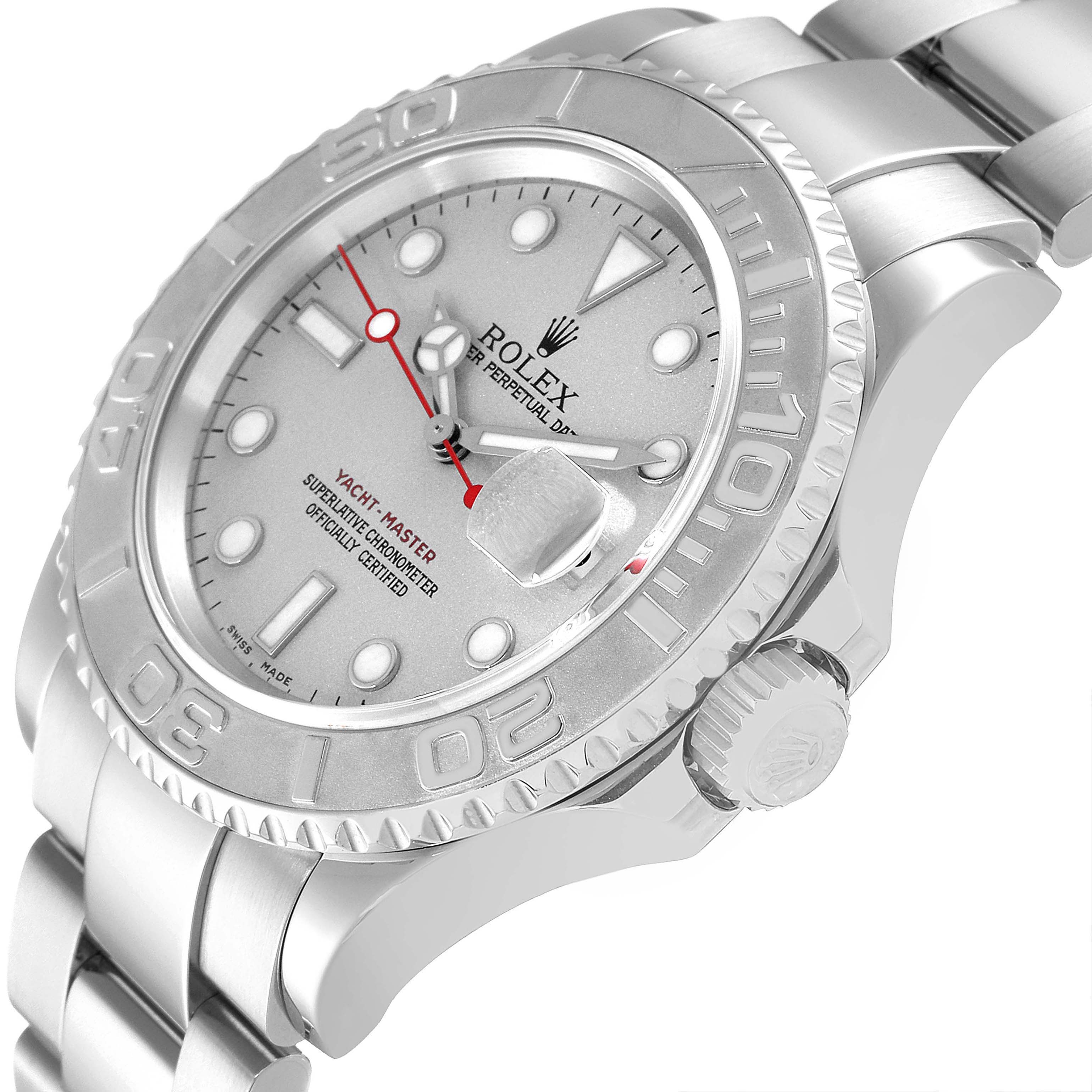 This image shows a Rolex Yacht-Master 16622 Men's Stainless Steel Silver Dial 16622 Men's Stainless Steel Silver Dial watch from an angled side view, displaying the dial, bezel, crown, and part of the bracelet.
