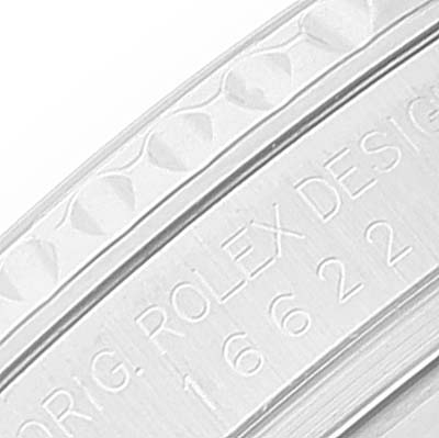 The image shows a close-up of the bezel and side engraving of the Rolex Yacht-Master 16622 Men's Stainless Steel Silver Dial 16622 Men's Stainless Steel Silver Dial watch.