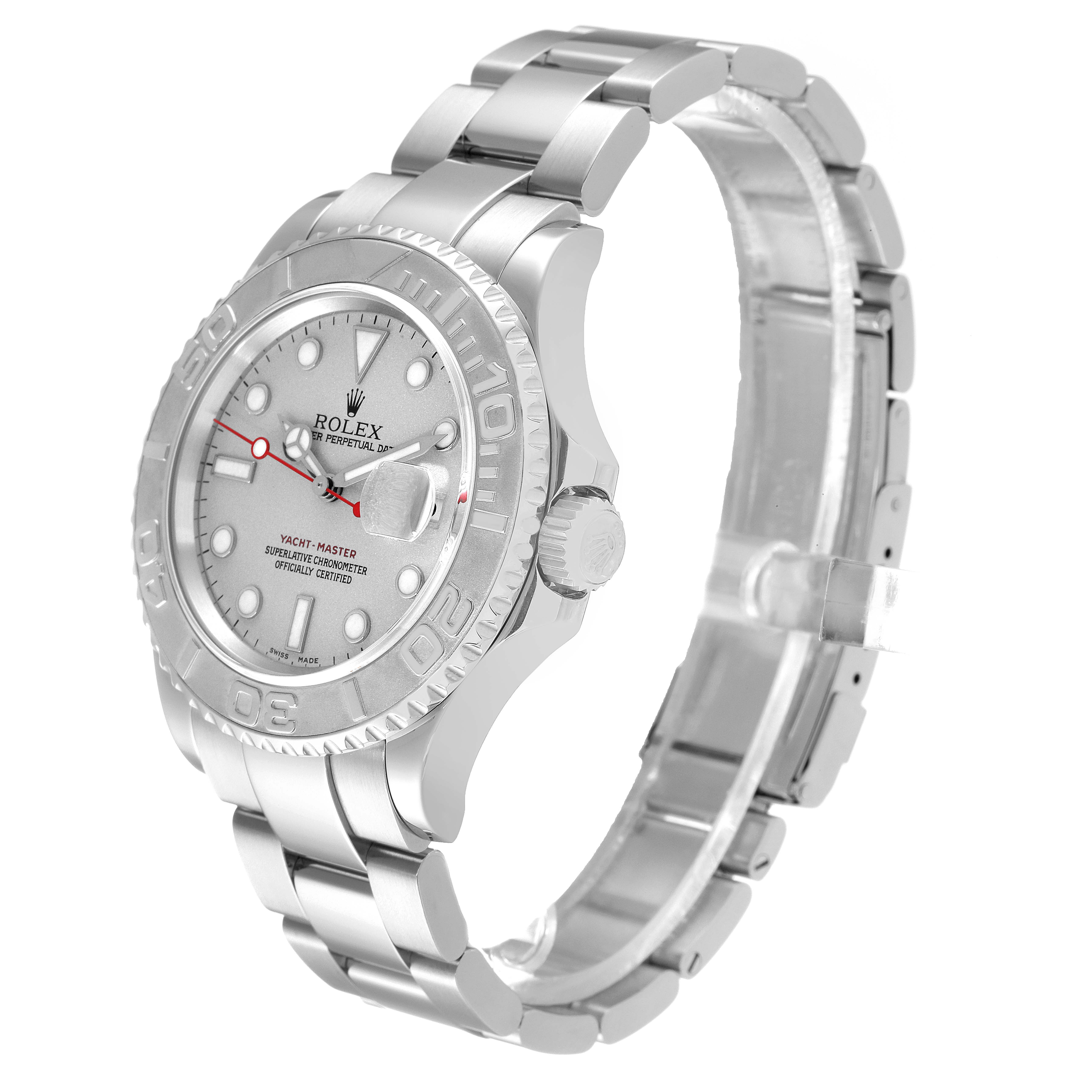 The Rolex Yacht-Master 16622 Men's Stainless Steel Silver Dial 16622 Men's Stainless Steel Silver Dial watch is shown at a slight angle, displaying the dial, bezel, bracelet, and a portion of the clasp.