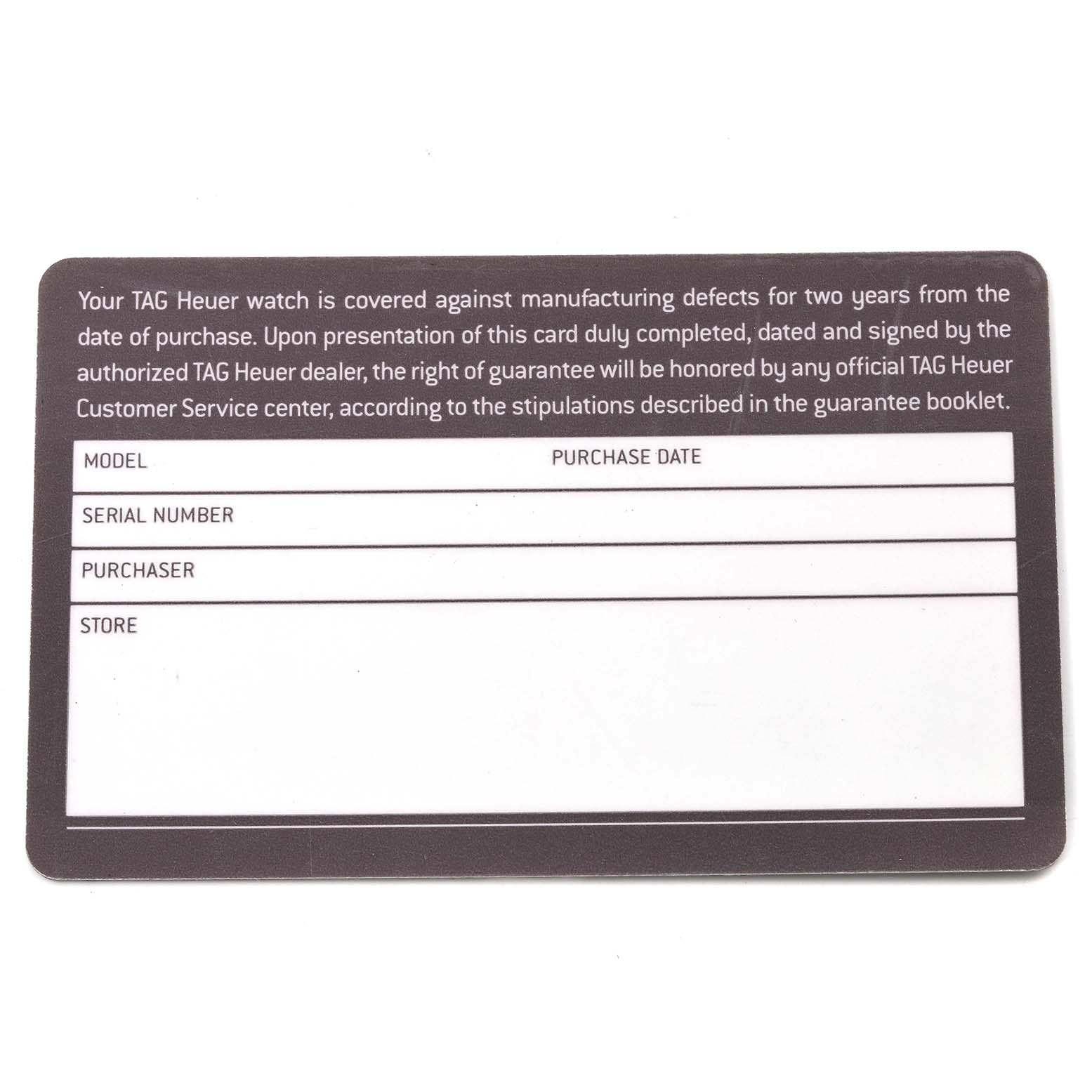 The image shows the warranty card for the Tag Heuer Aquaracer CAN1011.BA0821 Men's Stainless Steel Blue Dial CAN1011.BA0821 Men's Stainless Steel Blue Dial watch, providing fields for model, serial number, purchaser, and store details.