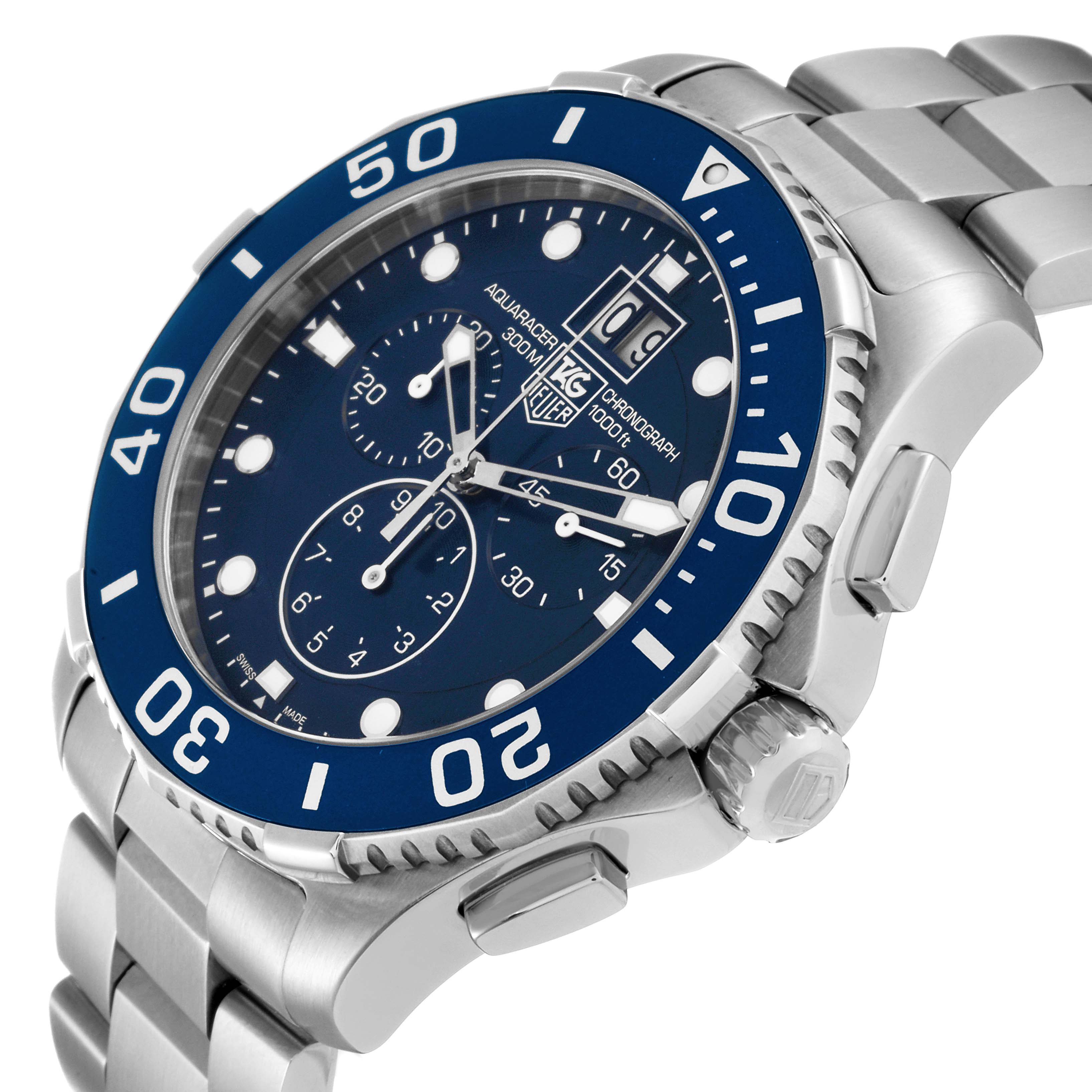 The image shows a close-up angle of the Tag Heuer Aquaracer CAN1011.BA0821 Men's Stainless Steel Blue Dial CAN1011.BA0821 Men's Stainless Steel Blue Dial watch, highlighting the bezel, face, and part of the bracelet.