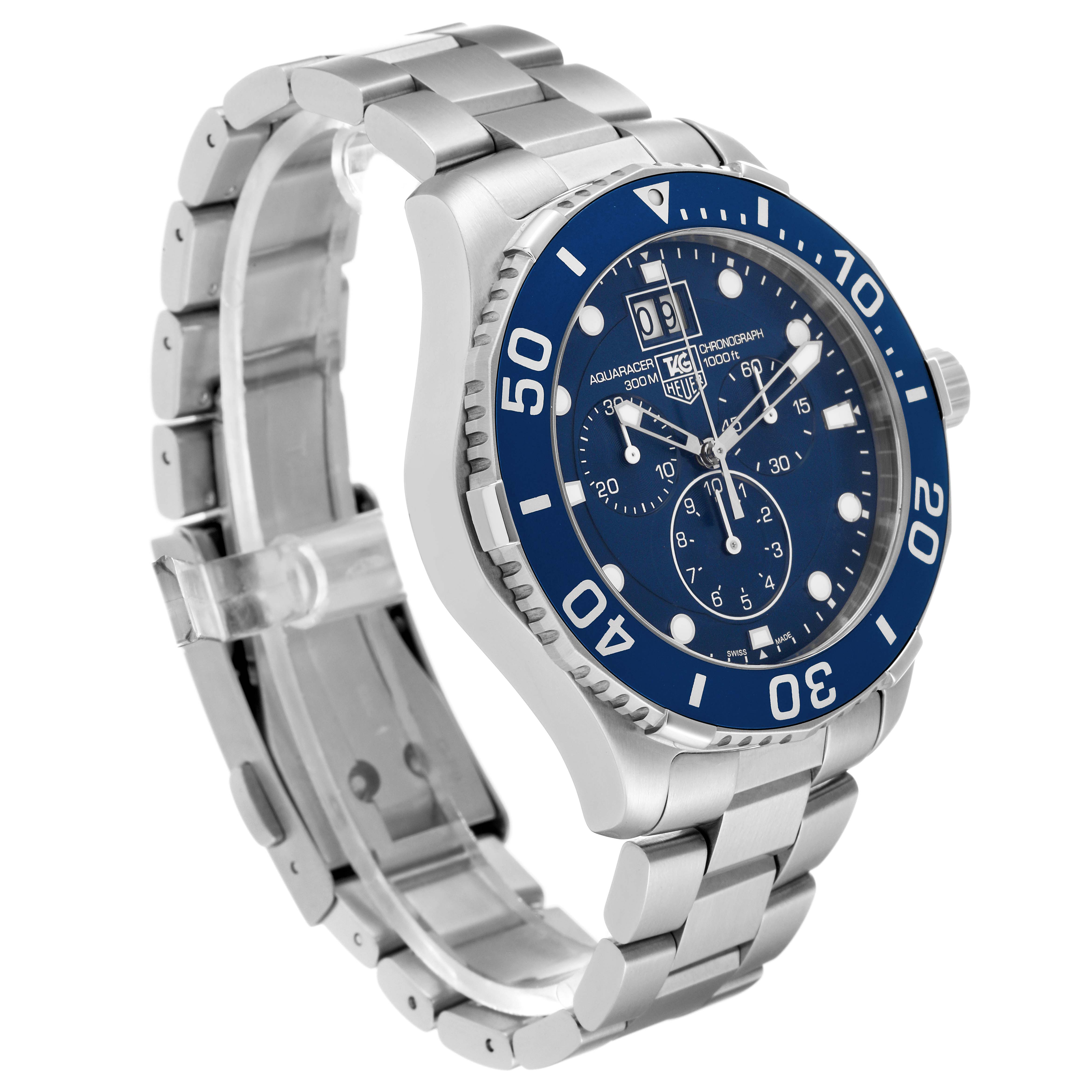 The image shows a side angle of the Tag Heuer Aquaracer CAN1011.BA0821 Men's Stainless Steel Blue Dial CAN1011.BA0821 Men's Stainless Steel Blue Dial watch, highlighting its face, bezel, and metal strap.