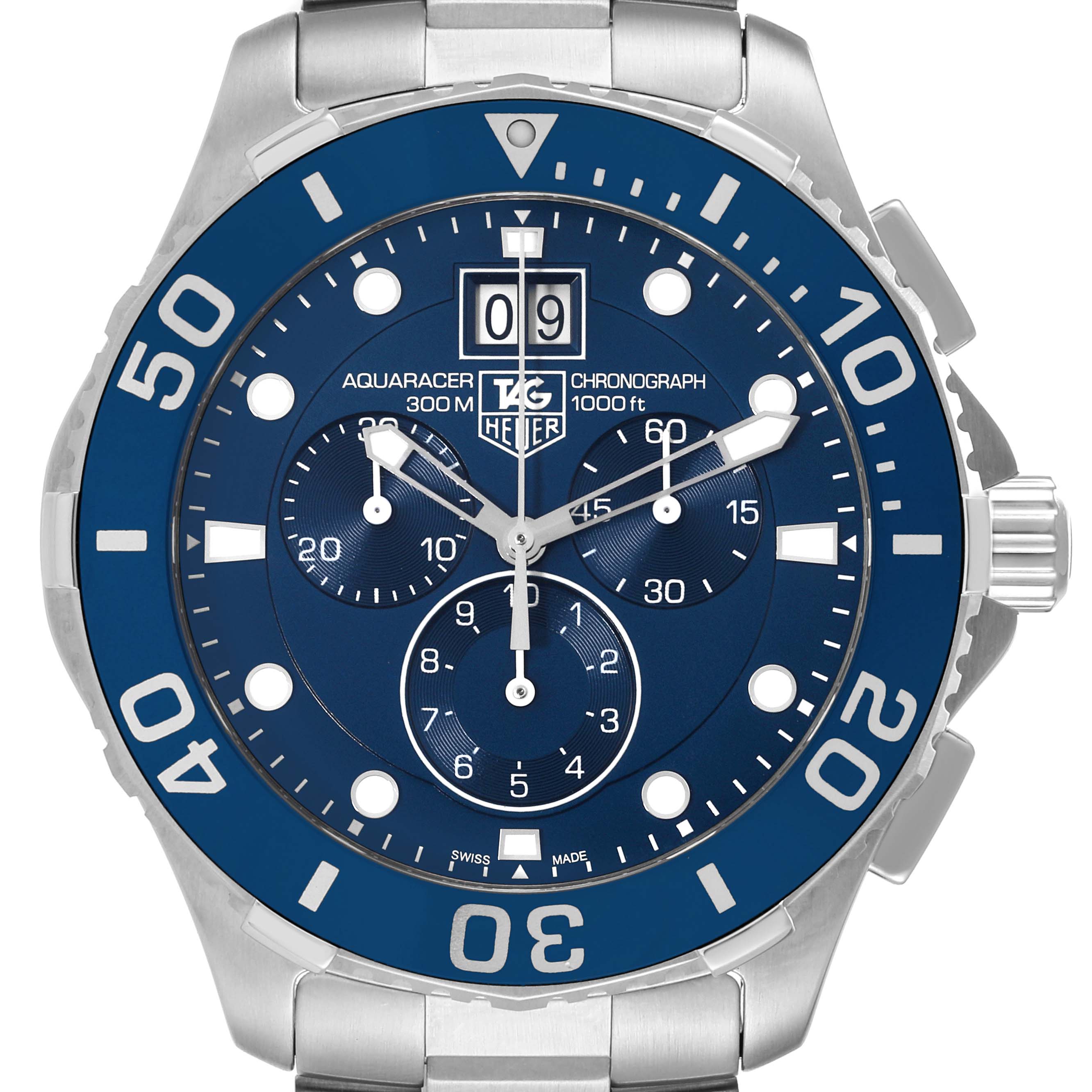 This image shows a front view of a Tag Heuer Aquaracer CAN1011.BA0821 Men's Stainless Steel Blue Dial CAN1011.BA0821 Men's Stainless Steel Blue Dial watch, highlighting its blue dial, chronograph sub-dials, and bezel.