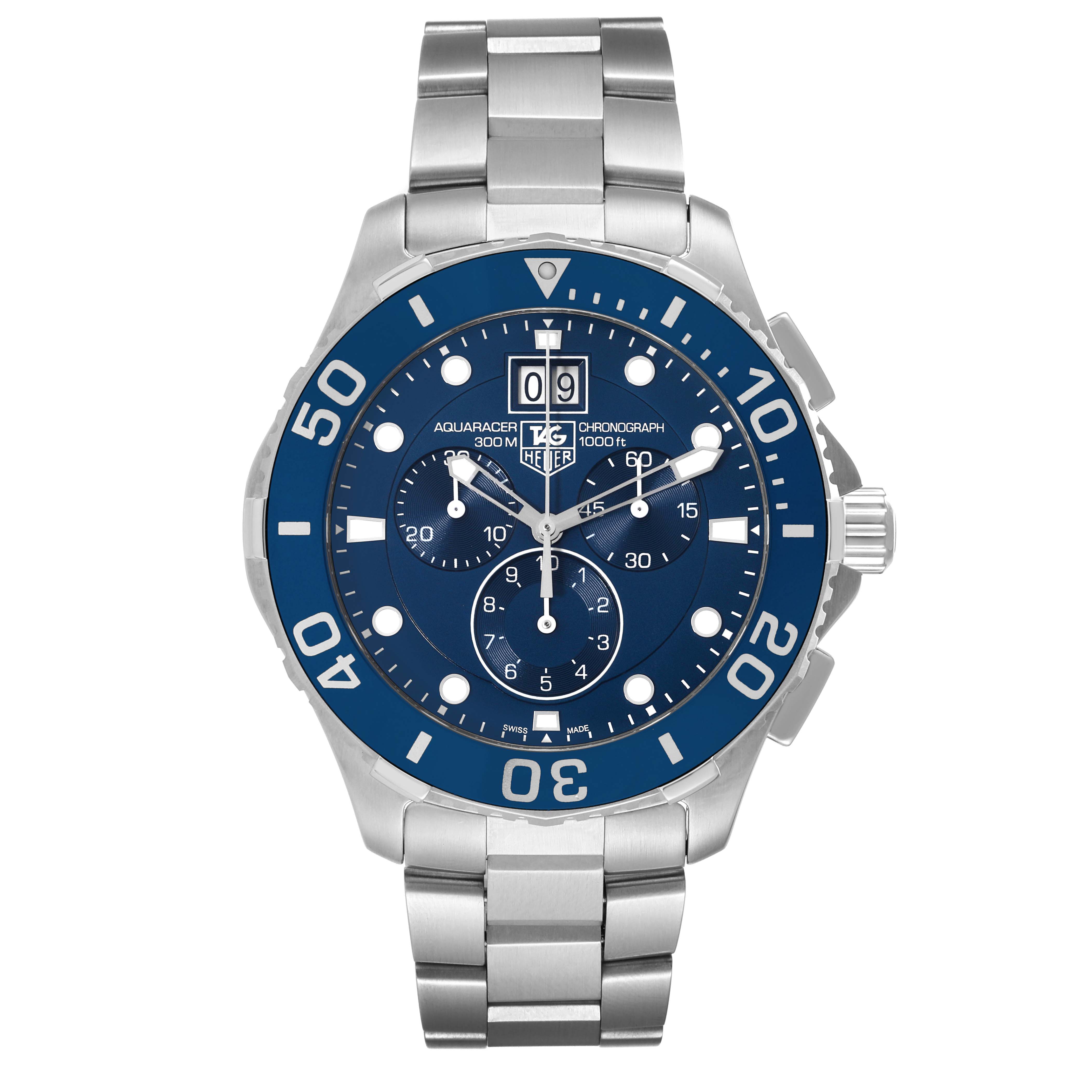 This image shows a front view of a Tag Heuer Aquaracer CAN1011.BA0821 Men's Stainless Steel Blue Dial CAN1011.BA0821 Men's Stainless Steel Blue Dial watch with a blue dial and bezel, featuring a stainless steel bracelet.