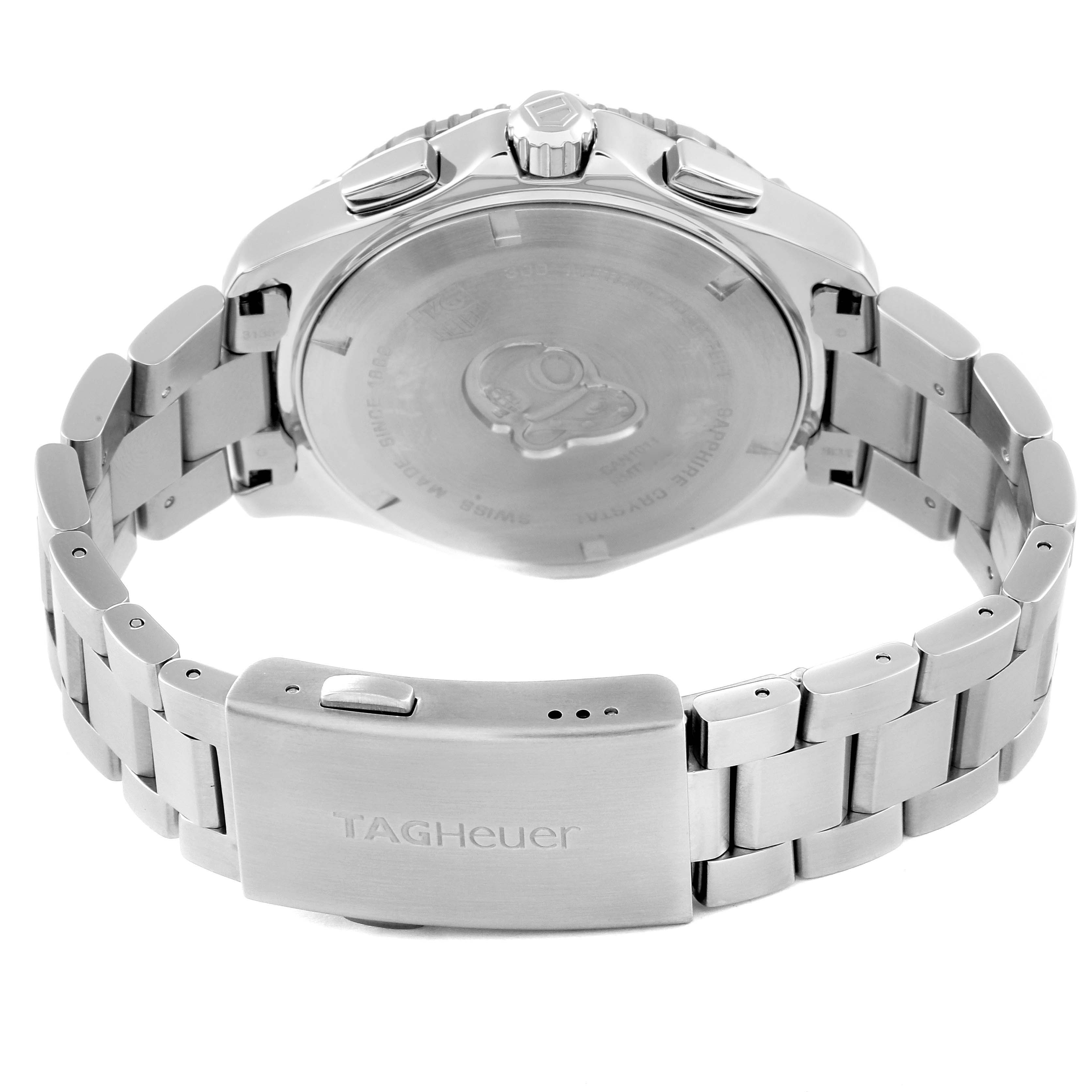 The image shows the back view of the Tag Heuer Aquaracer CAN1011.BA0821 Men's Stainless Steel Blue Dial CAN1011.BA0821 Men's Stainless Steel Blue Dial watch, highlighting the caseback and stainless steel bracelet with clasp.