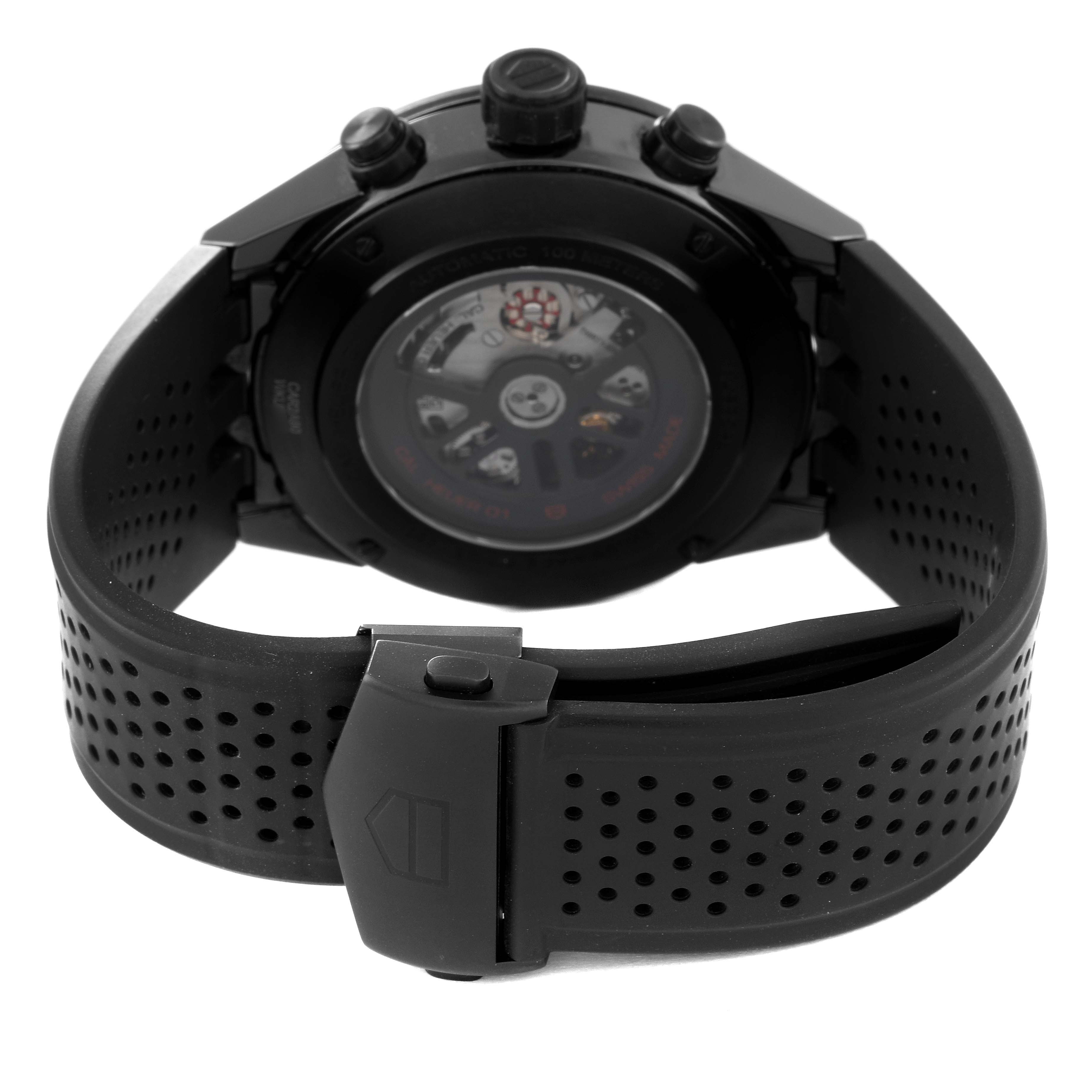 The image shows the back view of a Tag Heuer Carrera CAR2A90.FT6071 Men's Ceramic Black Dial CAR2A90.FT6071 Men's Ceramic Black Dial watch, highlighting the back case and the perforated strap.