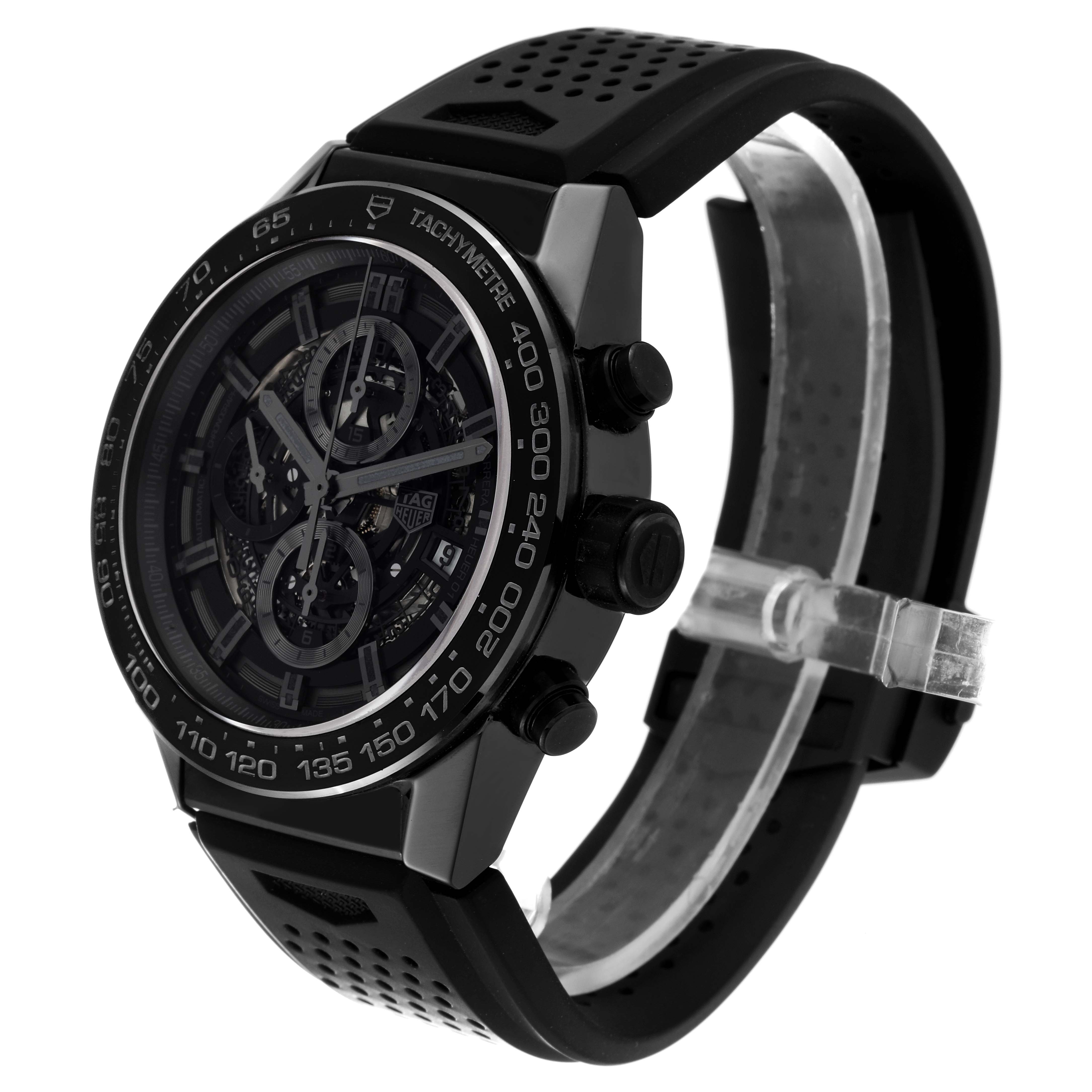 This image shows a side-angle view of the Tag Heuer Carrera CAR2A90.FT6071 Men's Ceramic Black Dial CAR2A90.FT6071 Men's Ceramic Black Dial watch, highlighting its bezel, dial, and rubber strap.