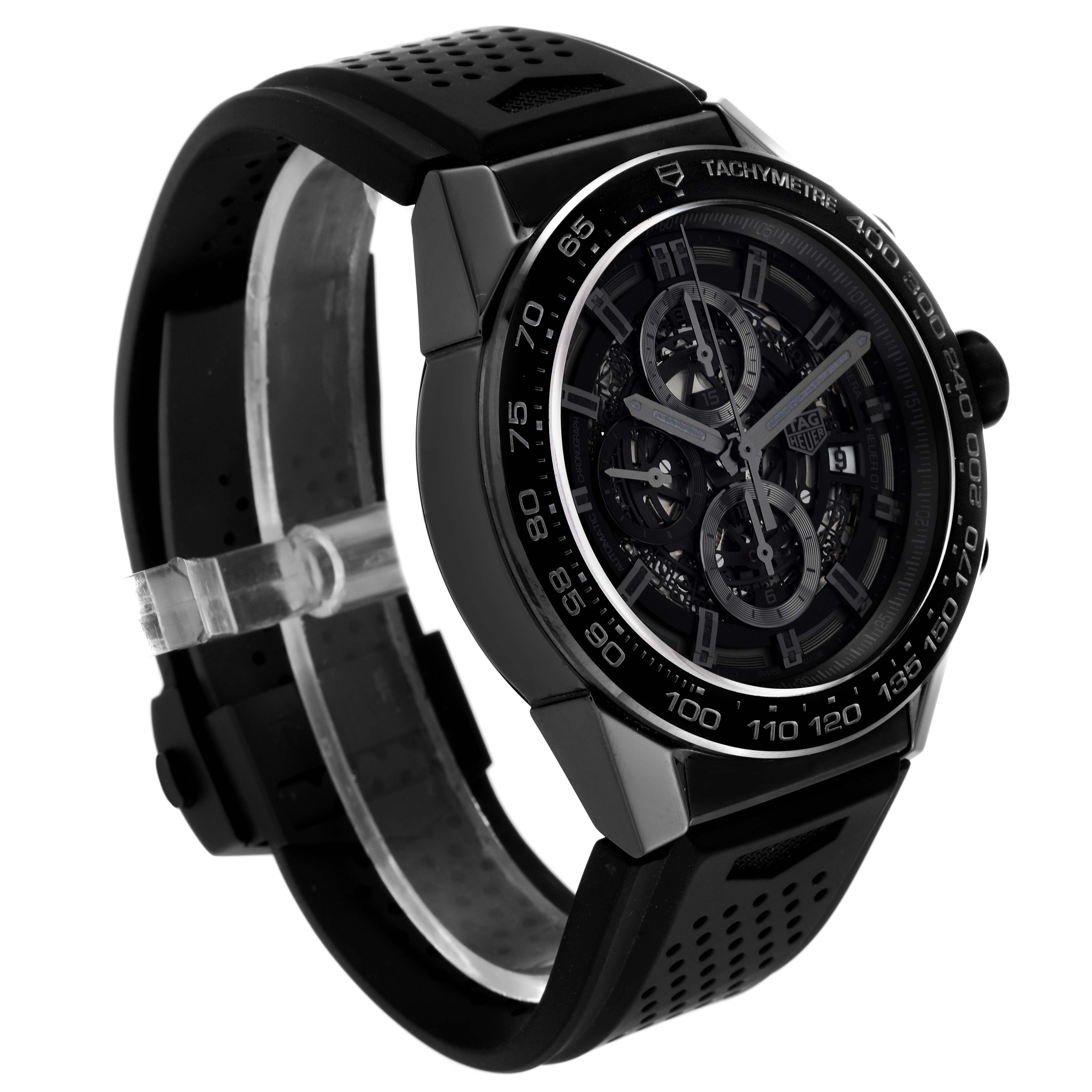 The image shows a Tag Heuer Carrera CAR2A90.FT6071 Men's Ceramic Black Dial CAR2A90.FT6071 Men's Ceramic Black Dial watch at a three-quarter angle, highlighting the face, bezel, and black strap.