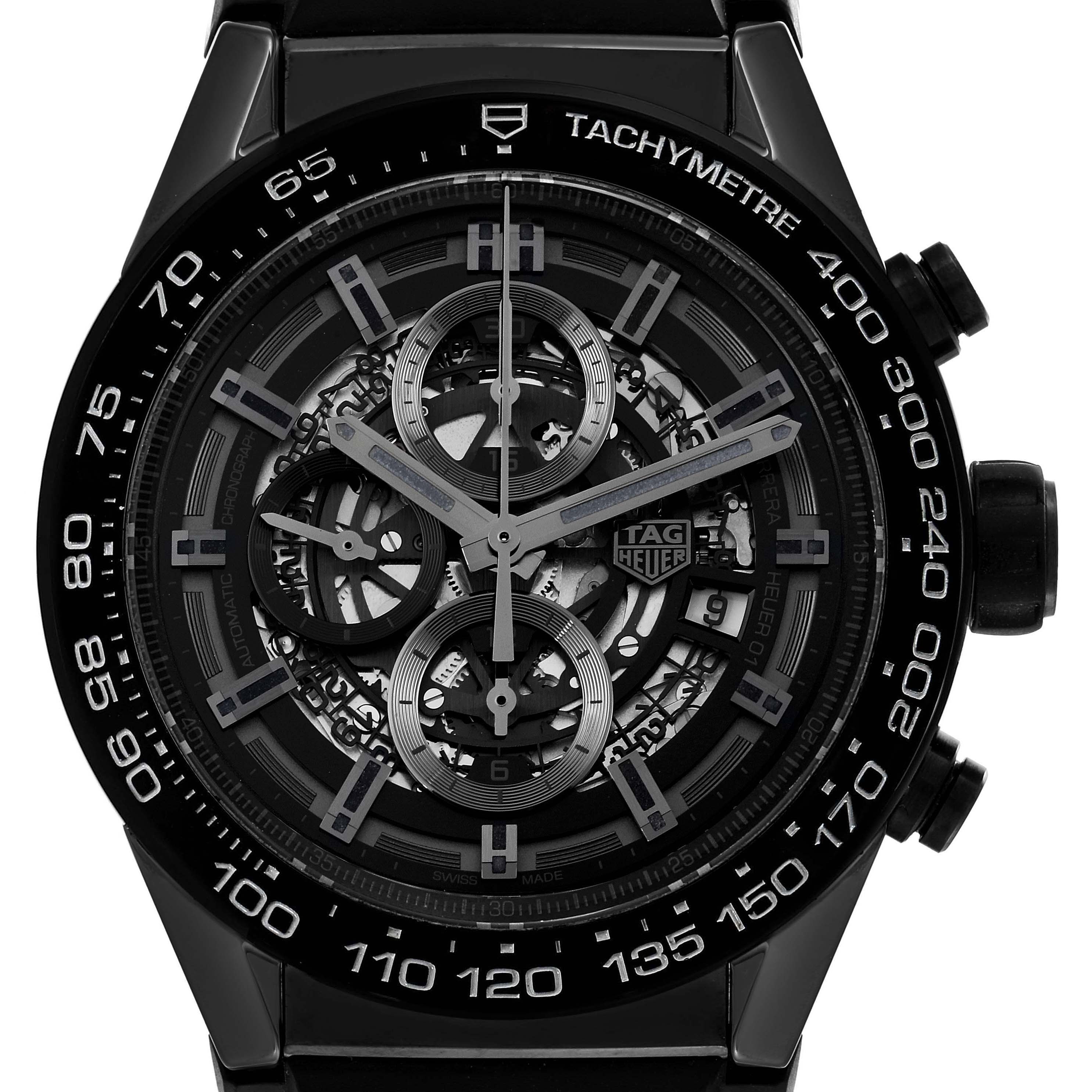 The image shows a front view of the face of the Tag Heuer Carrera CAR2A90.FT6071 Men's Ceramic Black Dial CAR2A90.FT6071 Men's Ceramic Black Dial watch, highlighting its intricate dial and tachymetre bezel.