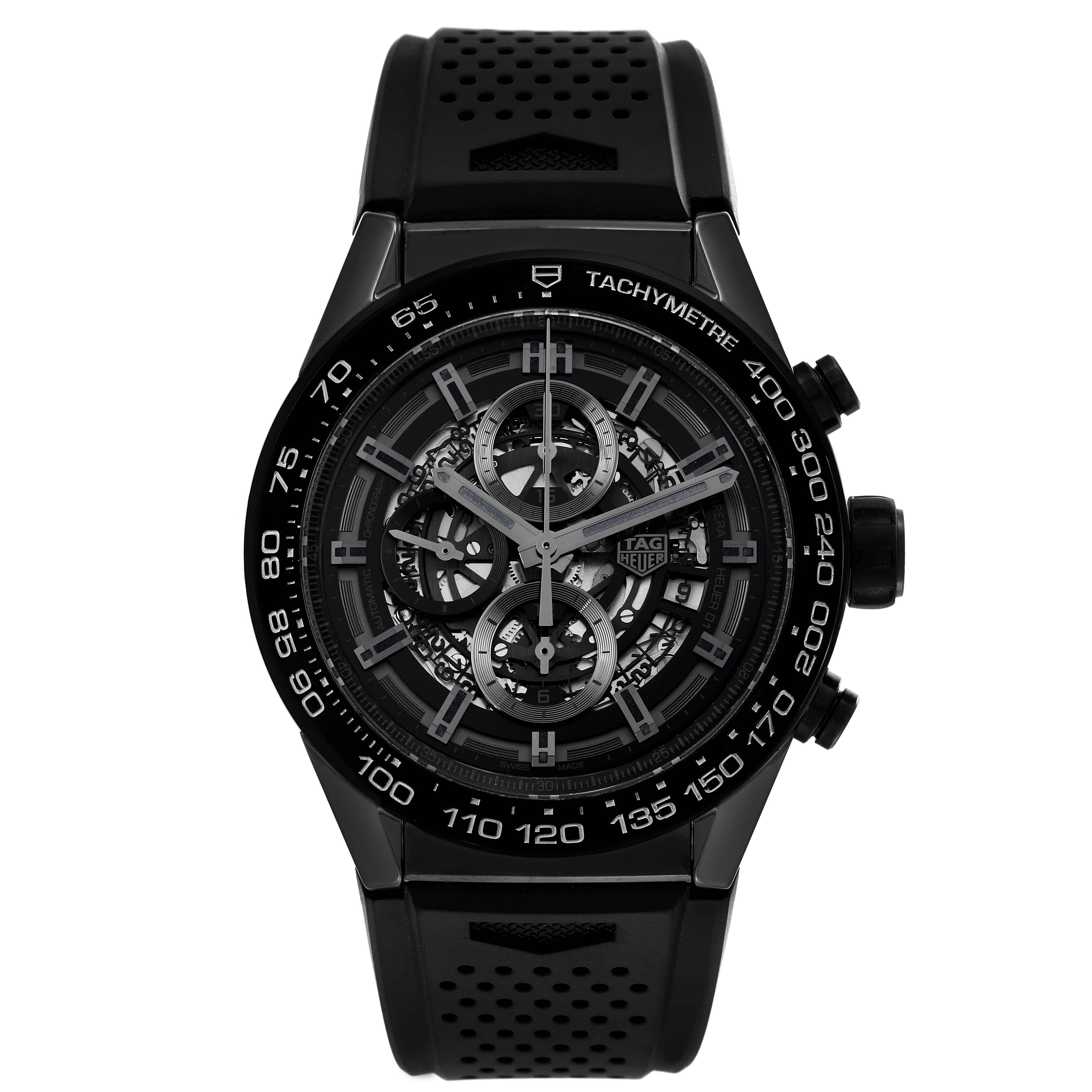 The image shows a Tag Heuer Carrera CAR2A90.FT6071 Men's Ceramic Black Dial CAR2A90.FT6071 Men's Ceramic Black Dial watch, viewed from the front, highlighting its face, bezel, and strap.
