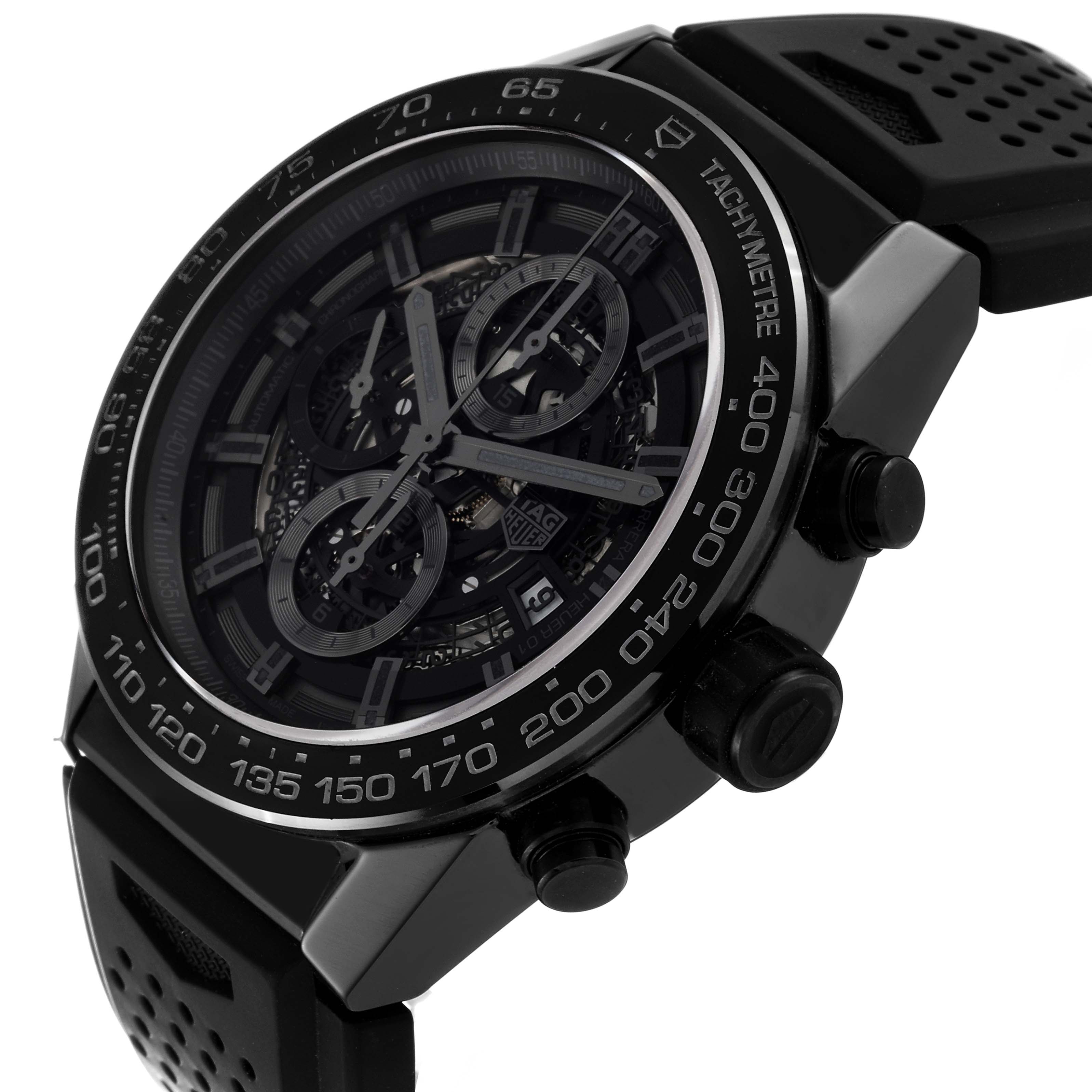 This image shows an angled side view of a Tag Heuer Carrera CAR2A90.FT6071 Men's Ceramic Black Dial CAR2A90.FT6071 Men's Ceramic Black Dial watch, focusing on its dial, bezel, and pushers.