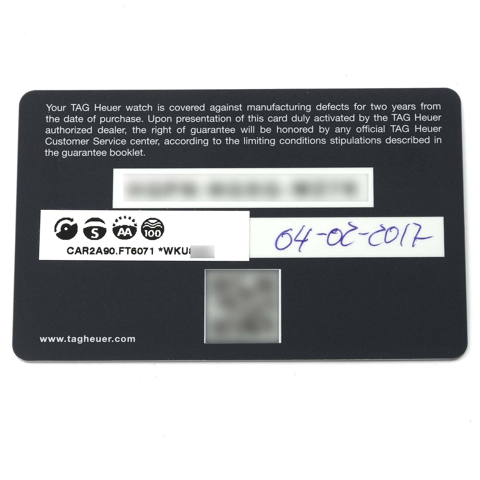 This image shows the warranty card for the Carrera model by Tag Heuer, including the model number and purchase date.
