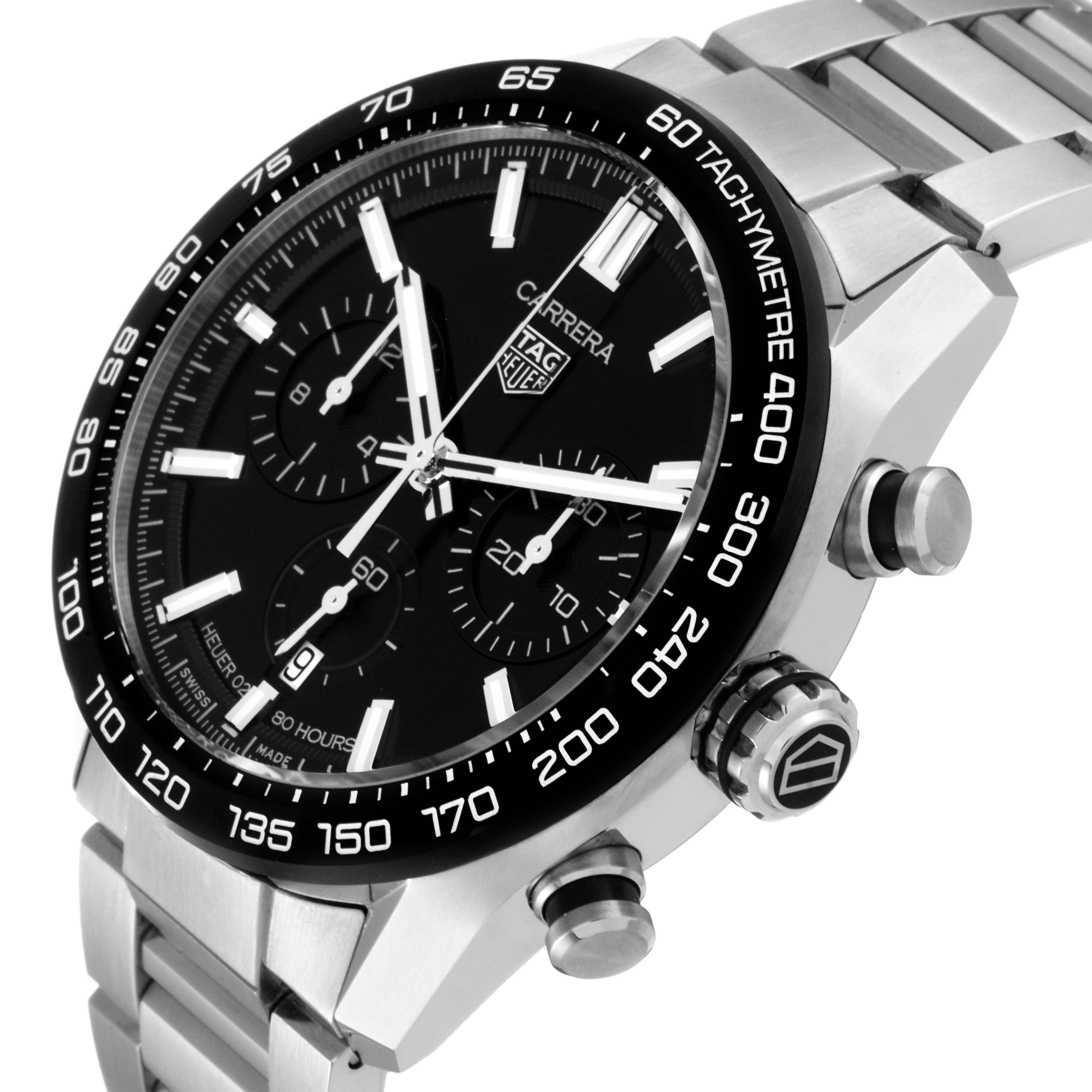 The image shows a close-up angle of the Carrera model by Tag Heuer, highlighting the dial, bezel, and side buttons.