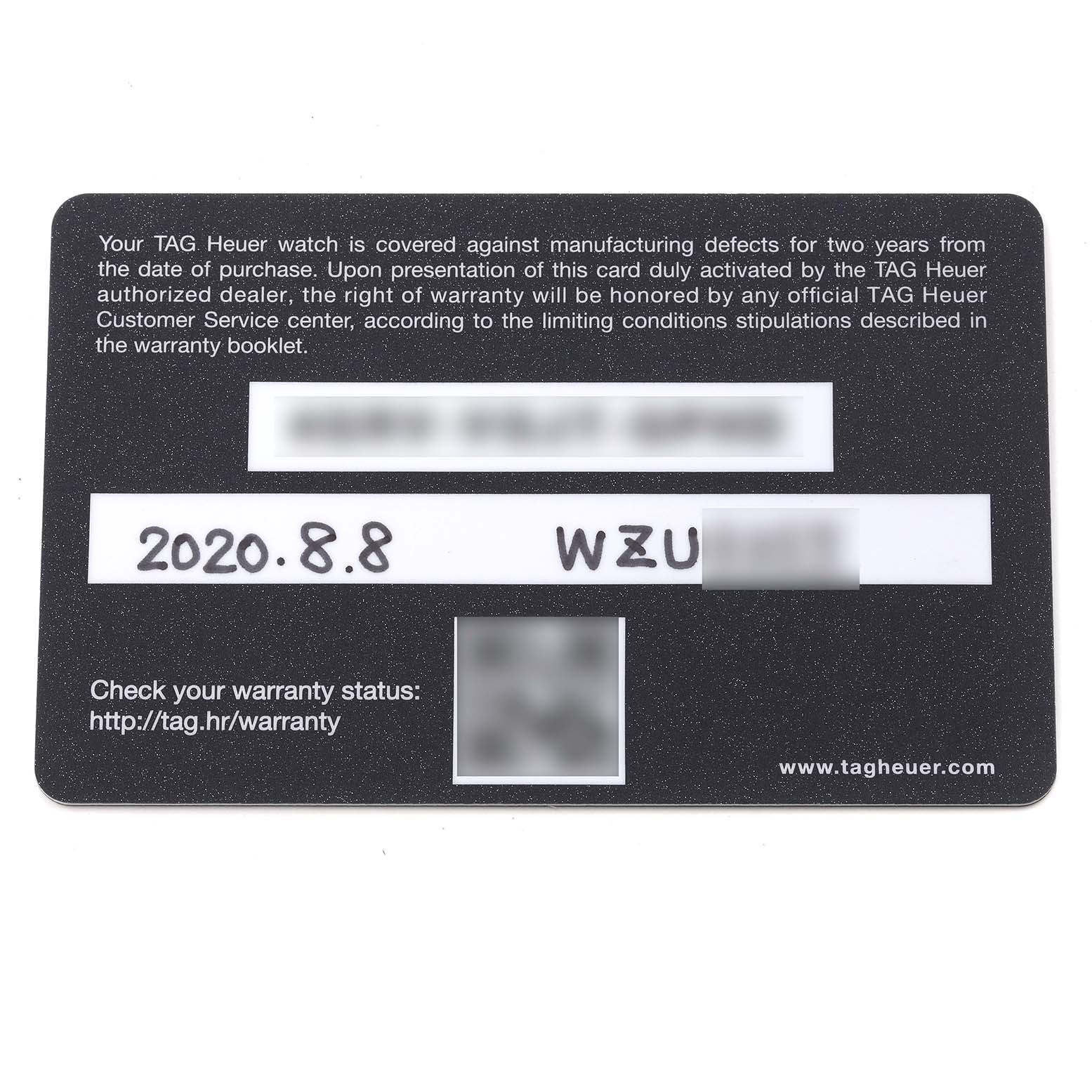 The image shows a warranty card for a Tag Heuer Carrera CBN2A1B.BA0643 Men's Stainless Steel Black Dial CBN2A1B.BA0643 Men's Stainless Steel Black Dial model watch.