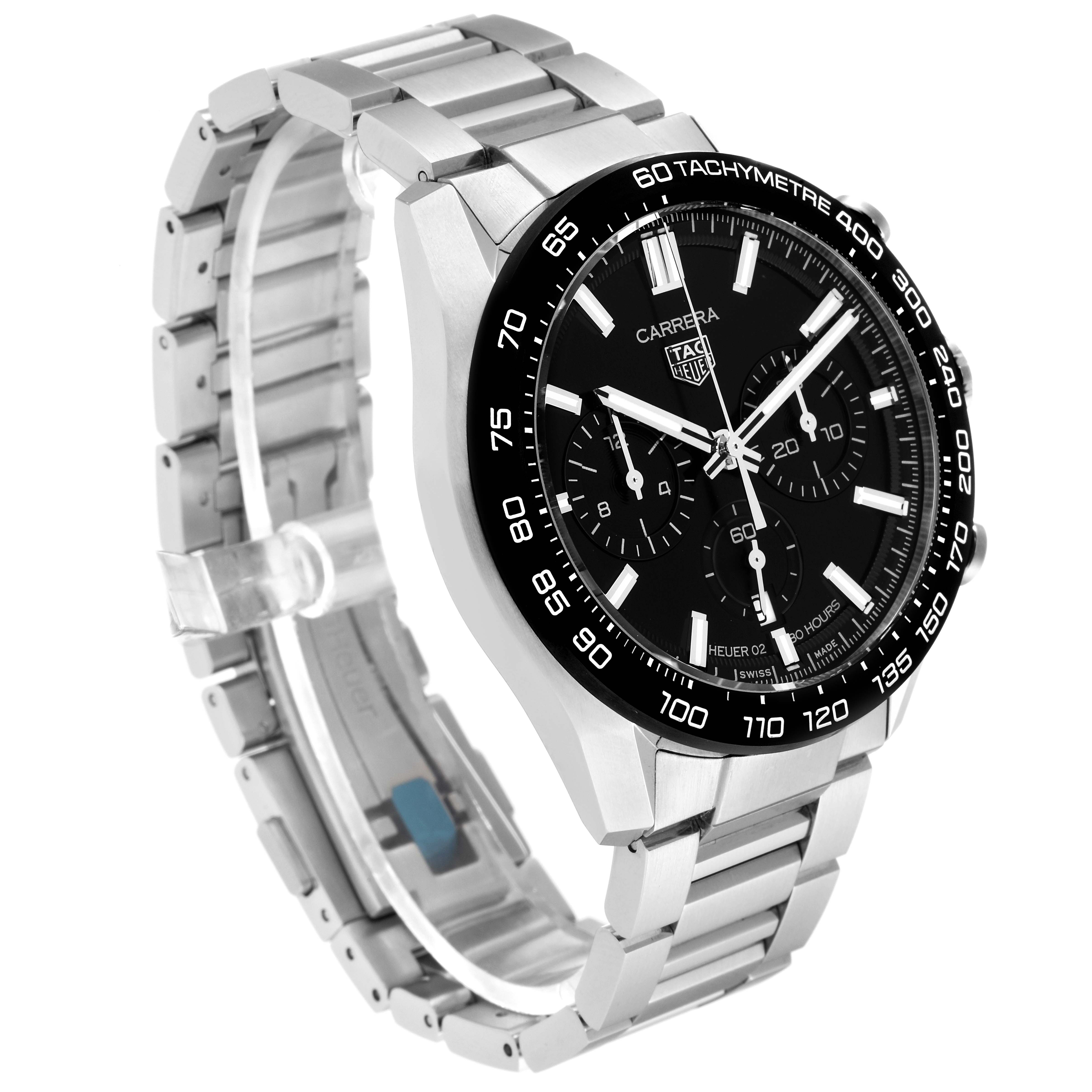 The Tag Heuer Carrera CBN2A1B.BA0643 Men's Stainless Steel Black Dial CBN2A1B.BA0643 Men's Stainless Steel Black Dial watch is shown at an angled side view, highlighting the face, bezel, and stainless steel band.