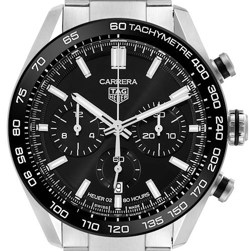 The Tag Heuer Carrera CBN2A1B.BA0643 Men's Stainless Steel Black Dial watch is shown front-facing, highlighting its dial, subdials, tachymeter bezel, and pushers.