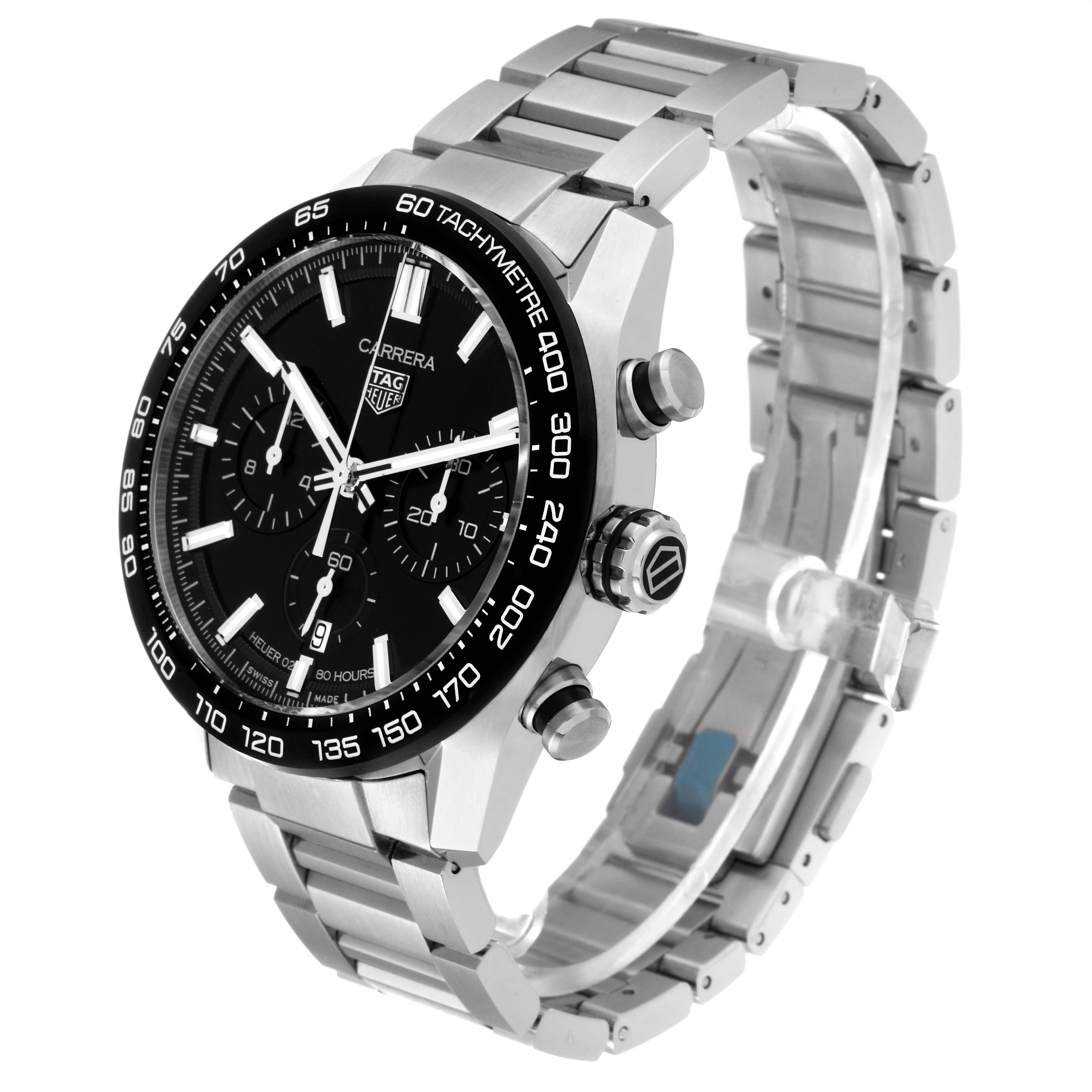 The image shows an angled view of a Tag Heuer Carrera CBN2A1B.BA0643 Men's Stainless Steel Black Dial CBN2A1B.BA0643 Men's Stainless Steel Black Dial watch, highlighting its face, bezel, pushers, crown, and bracelet.