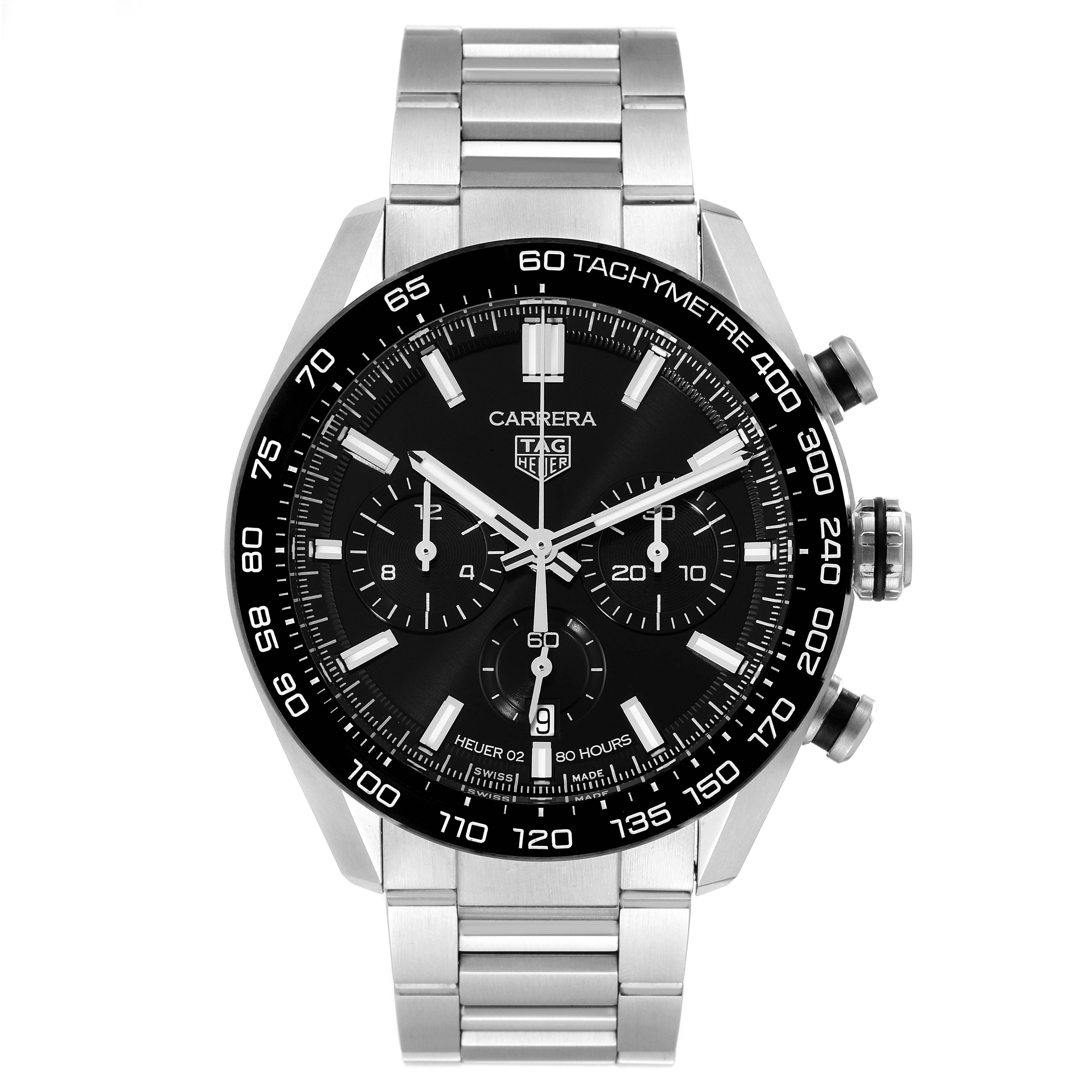 The Tag Heuer Carrera CBN2A1B.BA0643 Men's Stainless Steel Black Dial CBN2A1B.BA0643 Men's Stainless Steel Black Dial watch is shown from a front angle, displaying its black dial, chronograph sub-dials, and stainless steel bracelet.