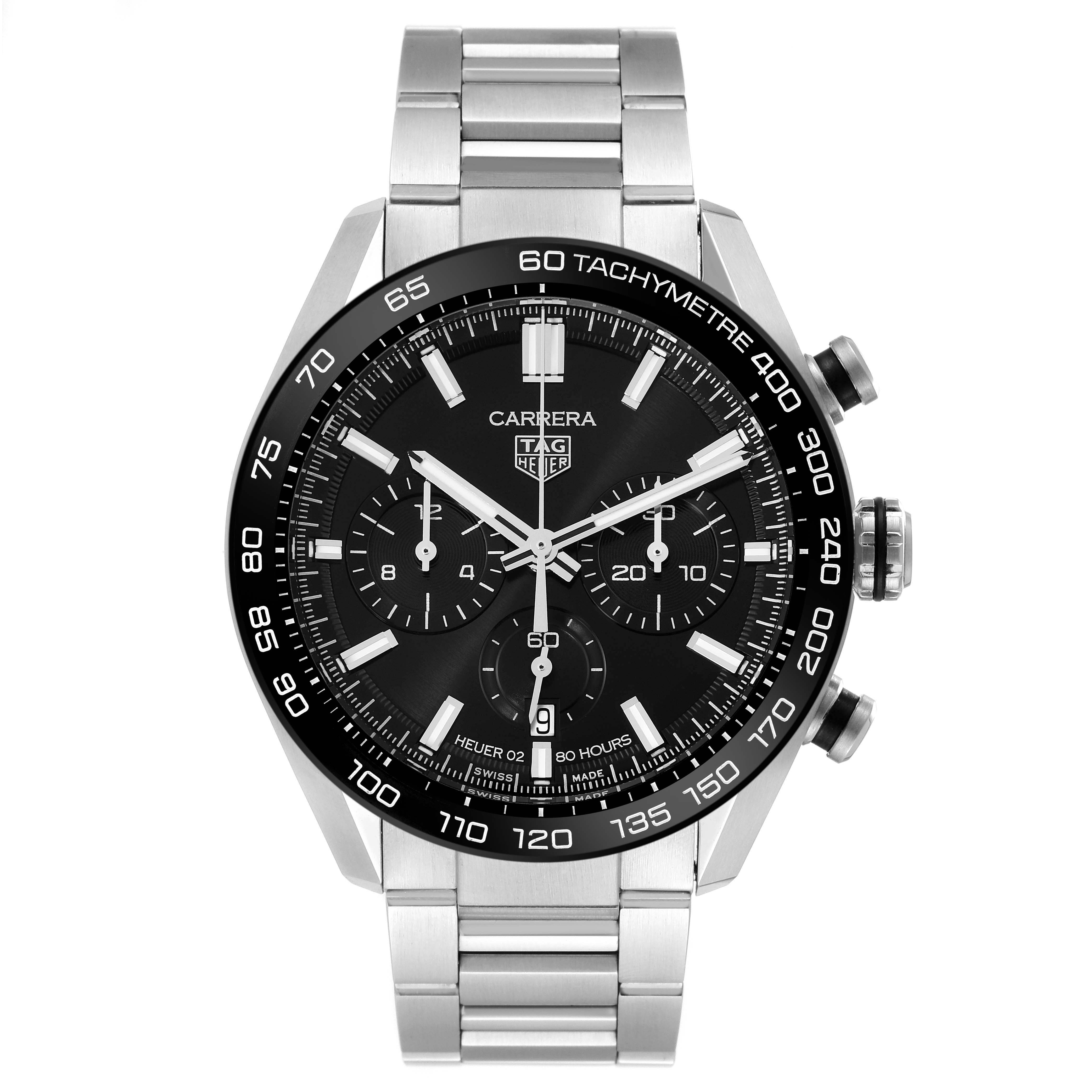 The Tag Heuer Carrera CBN2A1B.BA0643 Men's Stainless Steel Black Dial watch is shown from a front view, displaying its dial, bezel, and bracelet.