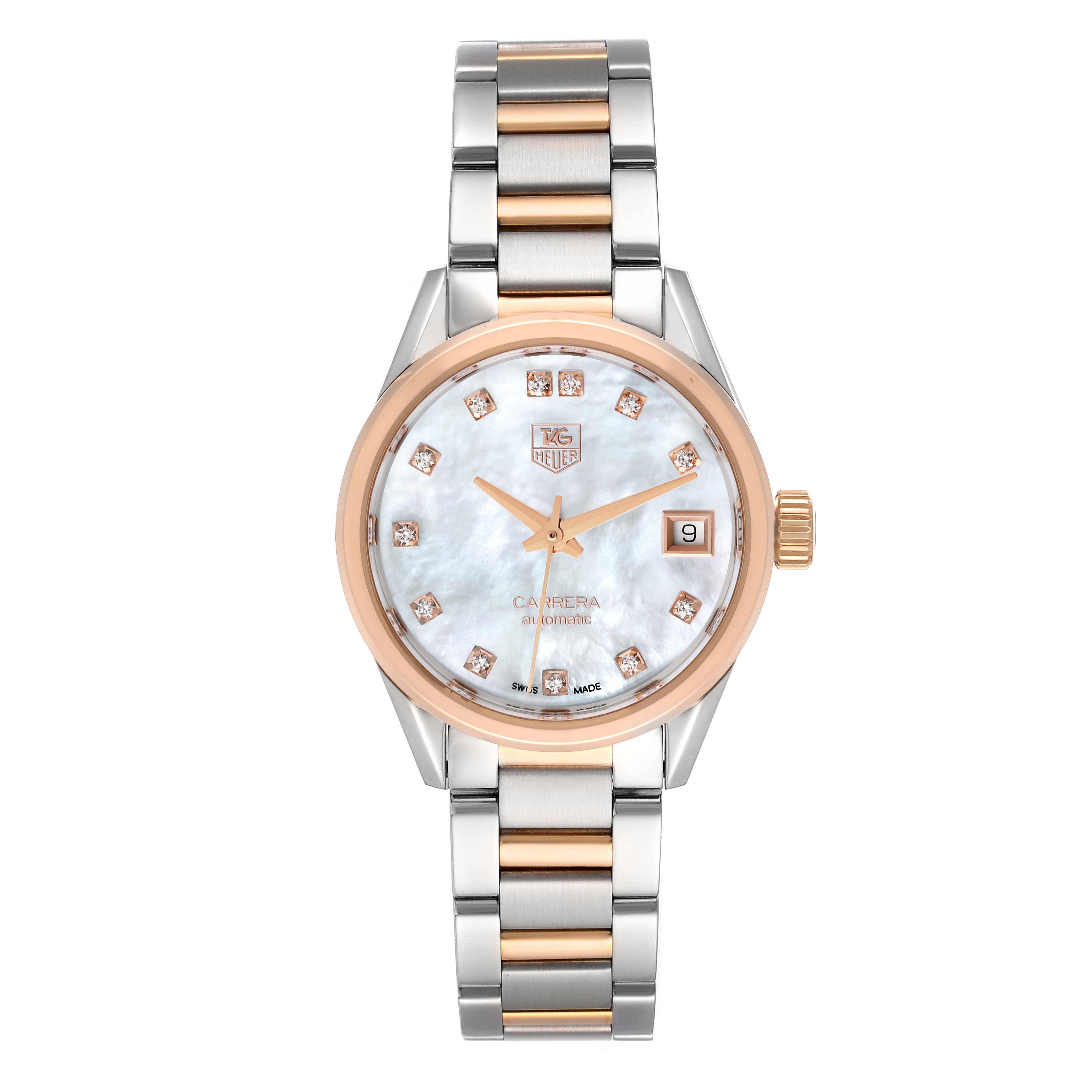 The image shows a front view of a Tag Heuer Carrera WAR2452.BD0777 Women's Steel and Gold (two tone) Mother of Pearl Dial WAR2452.BD0777 Women's Steel and Gold (two tone) Mother of Pearl Dial watch, showcasing the face, bezel, and bracelet.