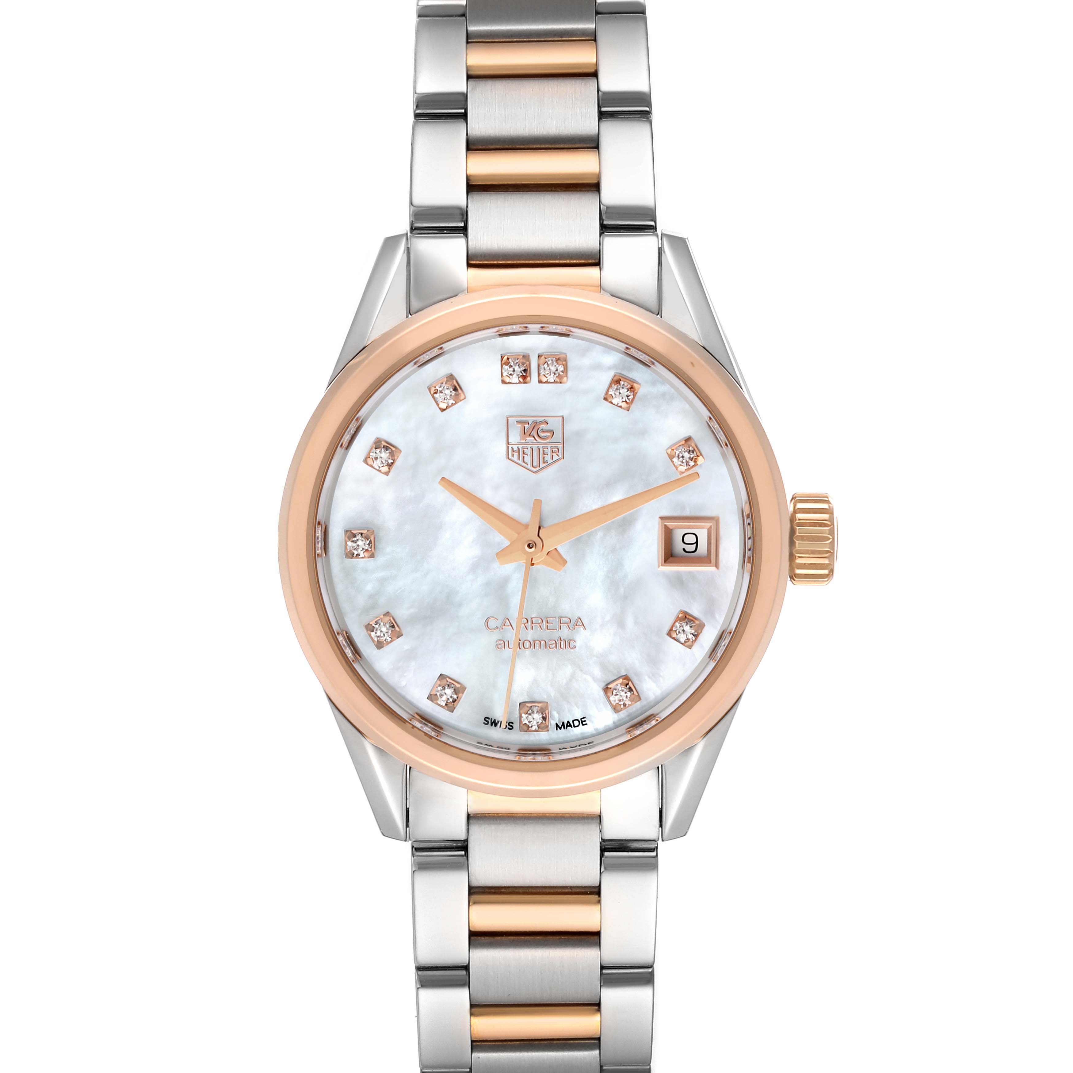 The image shows a front view of the Tag Heuer Carrera WAR2452.BD0777 Women's Steel and Gold (two tone) Mother of Pearl Dial WAR2452.BD0777 Women's Steel and Gold (two tone) Mother of Pearl Dial watch featuring a two-tone metal band and a white dial with date display.
