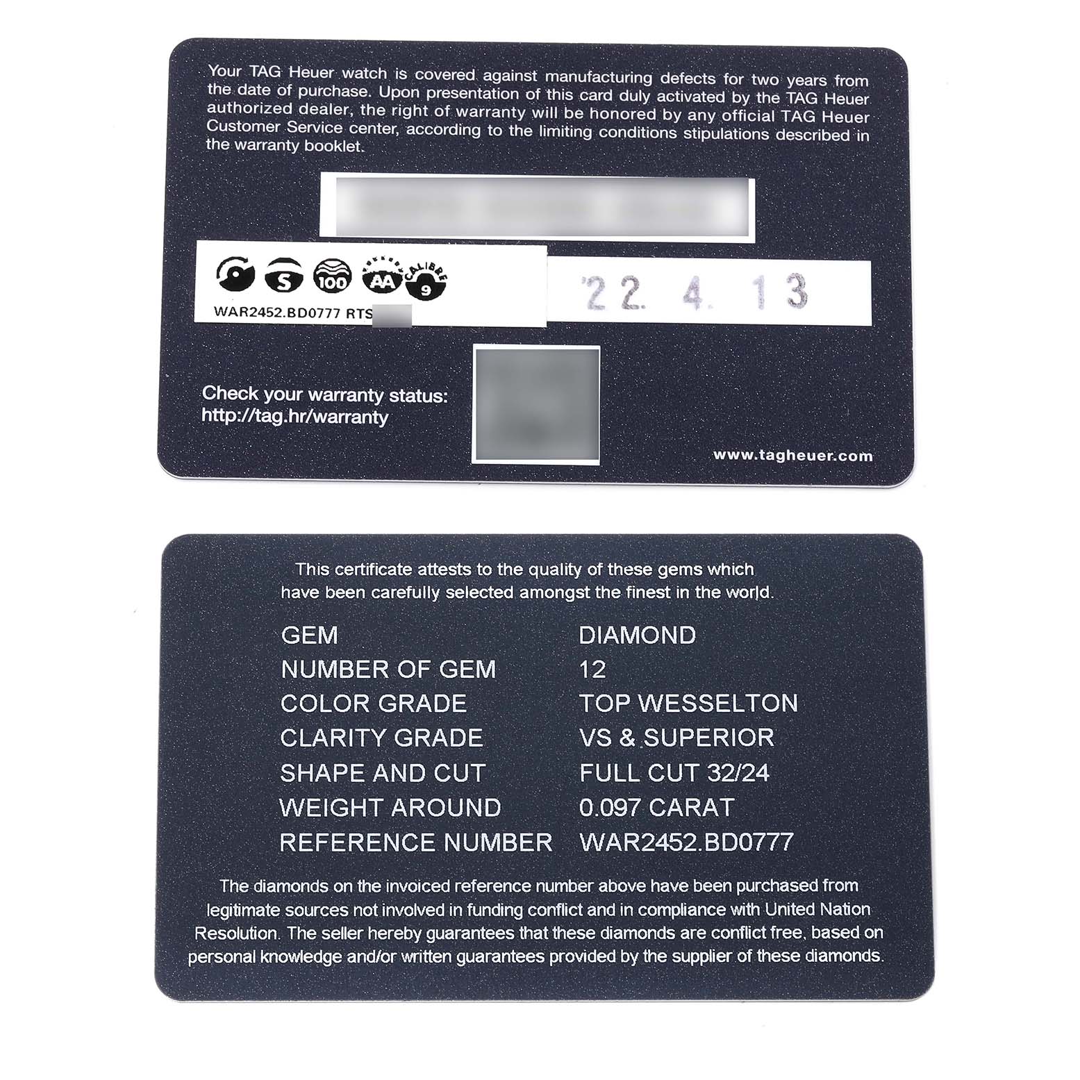 The image shows warranty and diamond certification cards for the Tag Heuer Carrera WAR2452.BD0777 Women's Steel and Gold (two tone) Mother of Pearl Dial WAR2452.BD0777 Women's Steel and Gold (two tone) Mother of Pearl Dial model watch.