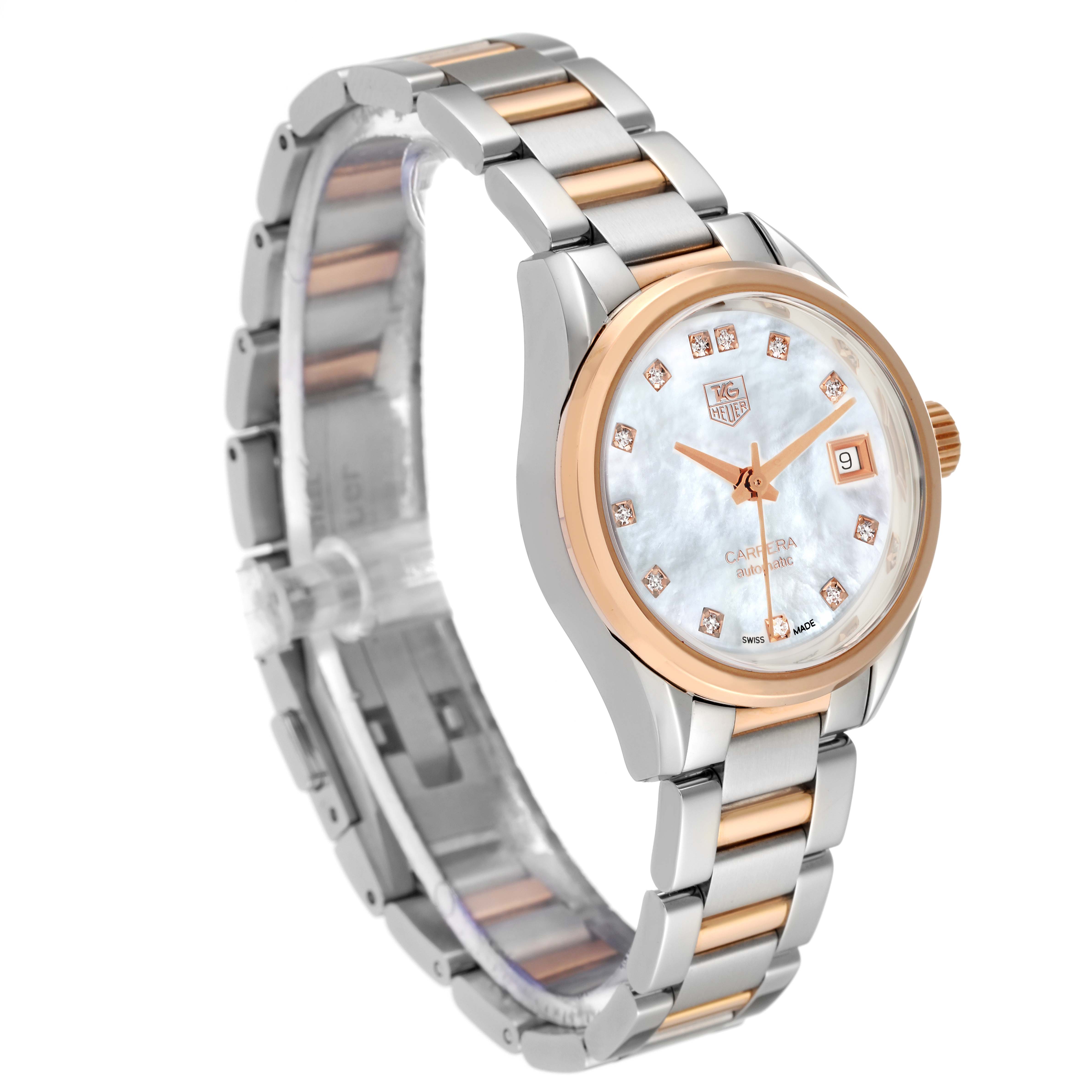 The image shows a Tag Heuer Carrera WAR2452.BD0777 Women's Steel and Gold (two tone) Mother of Pearl Dial WAR2452.BD0777 Women's Steel and Gold (two tone) Mother of Pearl Dial watch at a slight angle, highlighting its face, bracelet, and clasp.