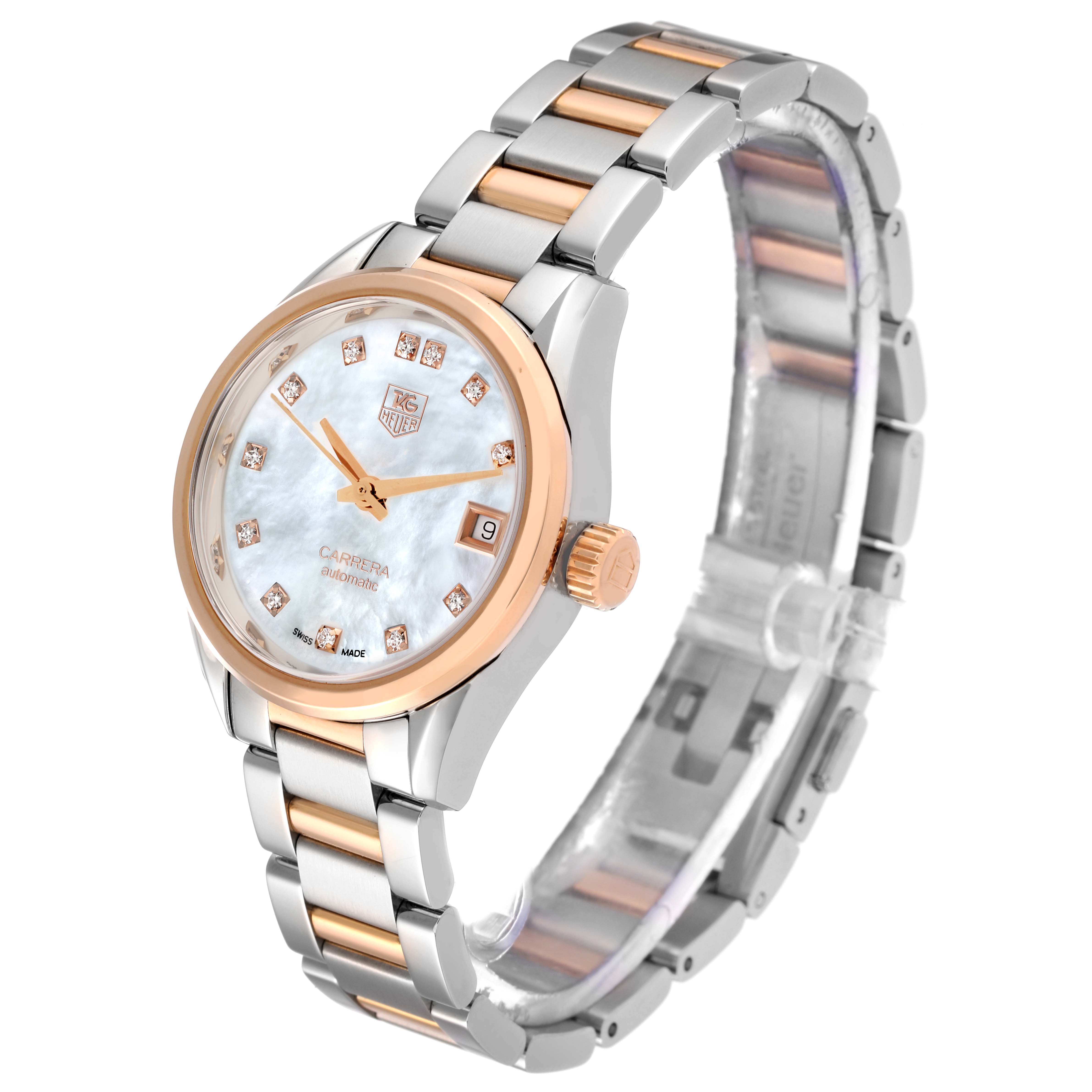 The Tag Heuer Carrera WAR2452.BD0777 Women's Steel and Gold (two tone) Mother of Pearl Dial WAR2452.BD0777 Women's Steel and Gold (two tone) Mother of Pearl Dial watch is shown at a three-quarter angle, highlighting its face, bezel, crown, and bracelet.