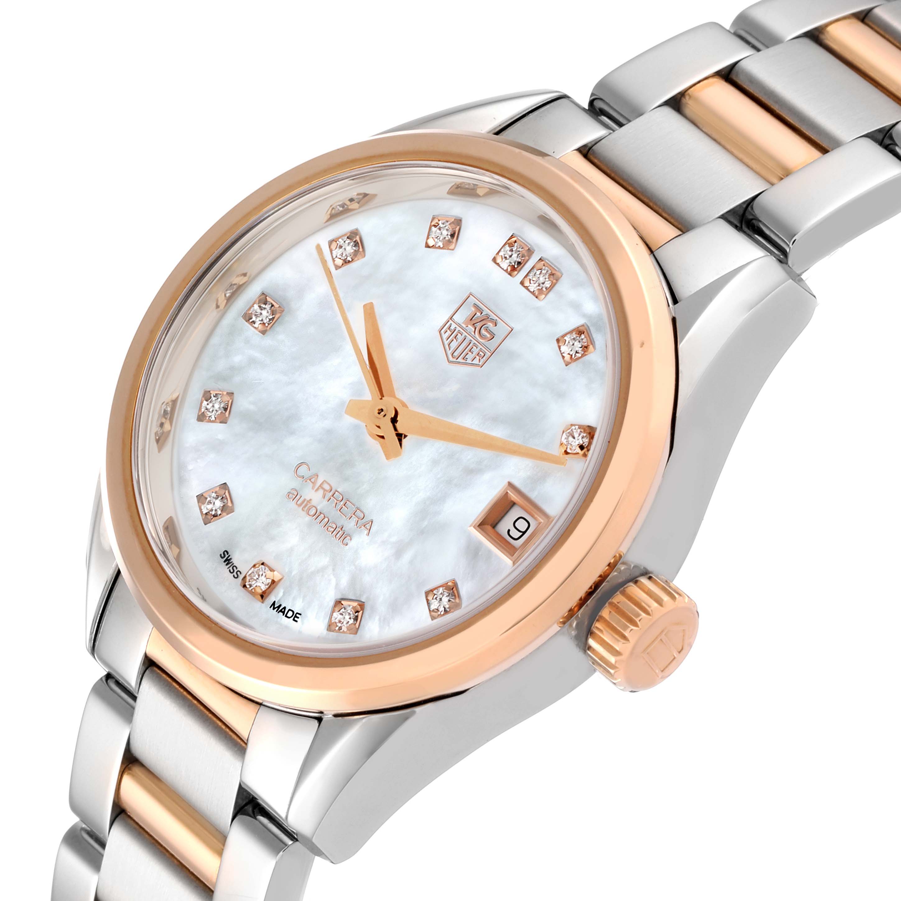 The image shows a Tag Heuer Carrera WAR2452.BD0777 Women's Steel and Gold (two tone) Mother of Pearl Dial WAR2452.BD0777 Women's Steel and Gold (two tone) Mother of Pearl Dial watch at a slight angle, displaying the face, crown, and part of the bracelet.