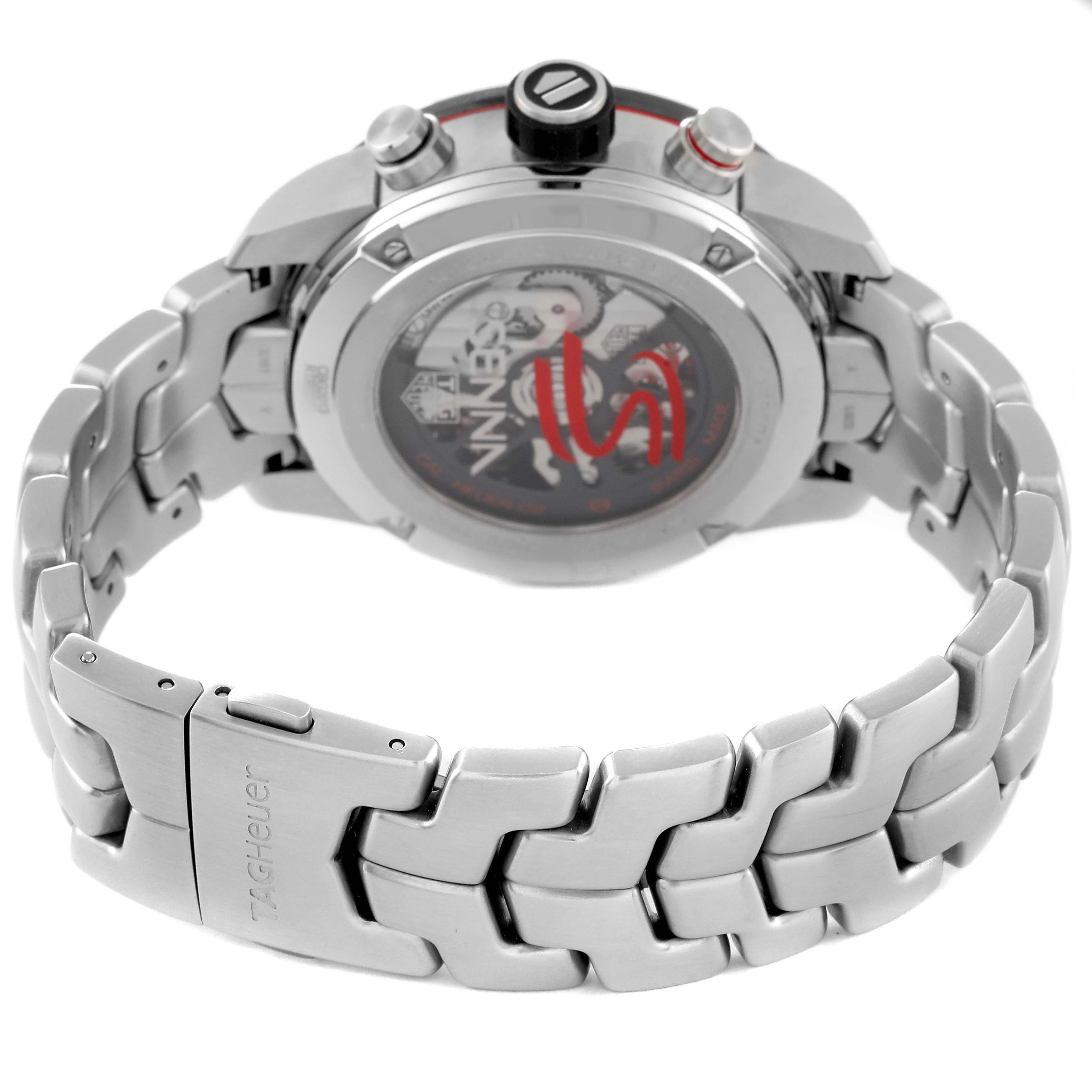 The image shows the back view and band of the Tag Heuer Carrera CBG2013 Men's Stainless Steel Transparent Dial CBG2013 Men's Stainless Steel Transparent Dial watch, highlighting the clasp and case back.