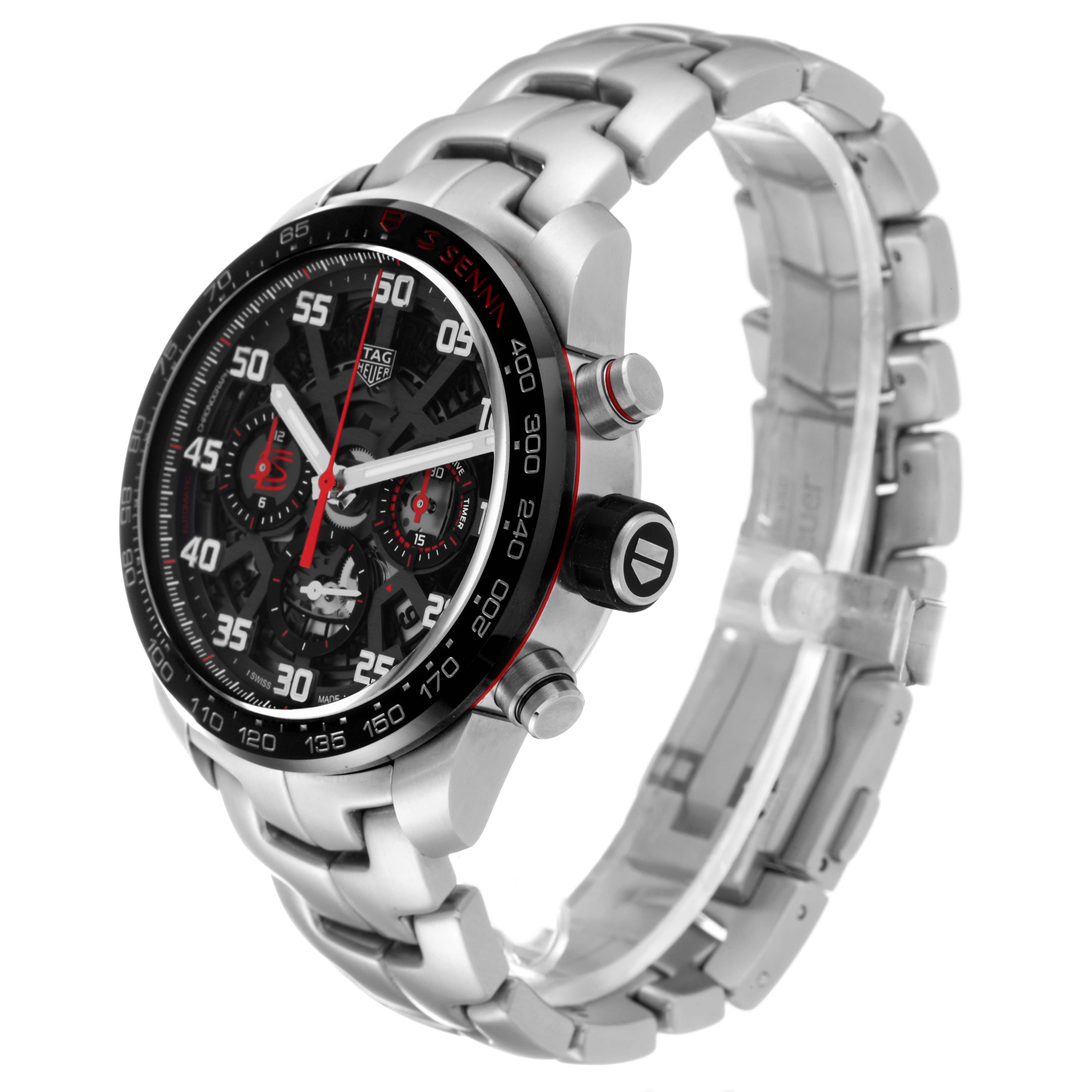 The image shows a side and front angle of the Tag Heuer Carrera CBG2013 Men's Stainless Steel Transparent Dial CBG2013 Men's Stainless Steel Transparent Dial watch, highlighting its face, bezel, and bracelet.