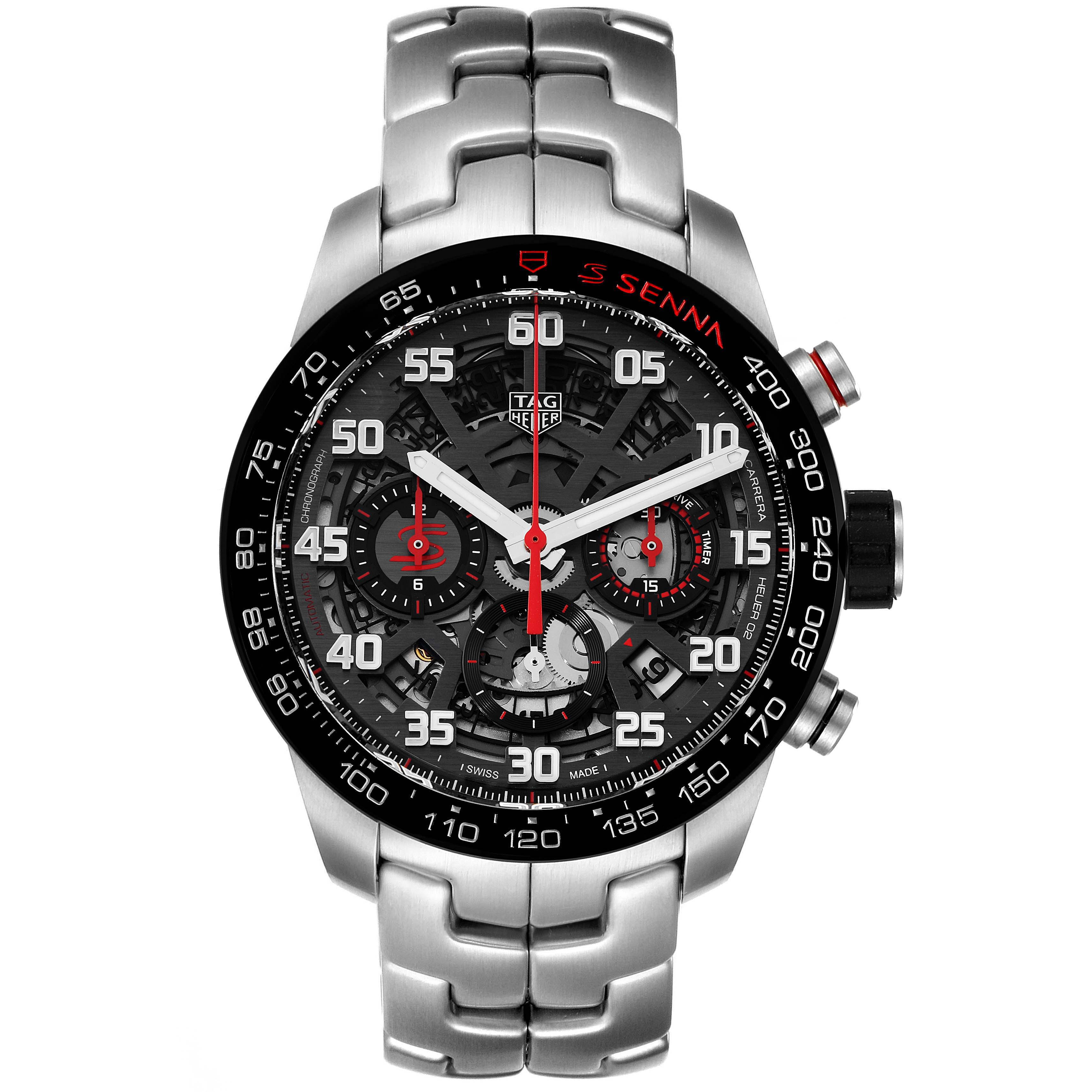 The image shows a Tag Heuer Carrera CBG2013 Men's Stainless Steel Transparent Dial CBG2013 Men's Stainless Steel Transparent Dial watch from a front angle, highlighting the dial, bezel, and part of the bracelet.