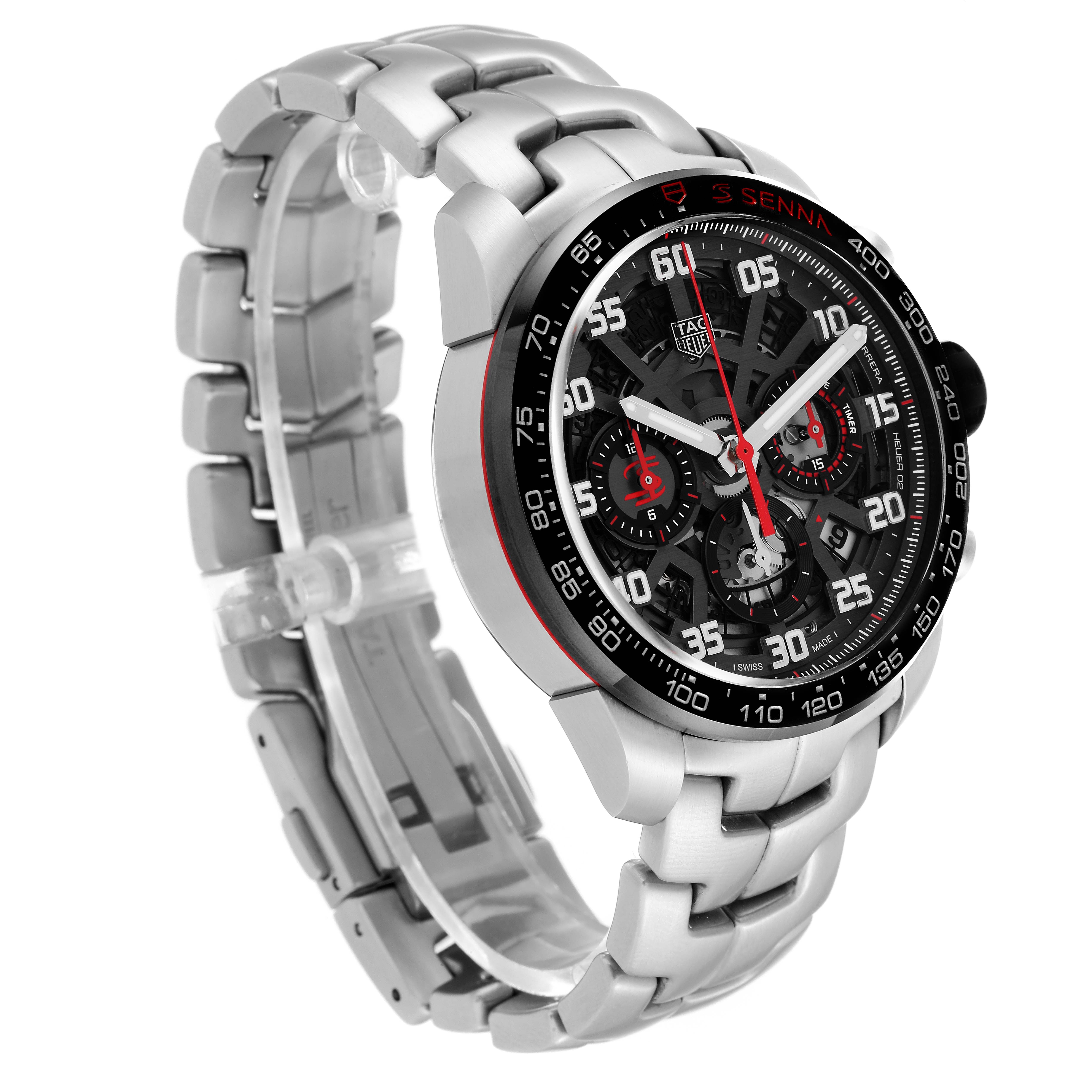 This image shows a Tag Heuer Carrera CBG2013 Men's Stainless Steel Transparent Dial CBG2013 Men's Stainless Steel Transparent Dial model watch from an angled side view, detailing its bracelet and dial.