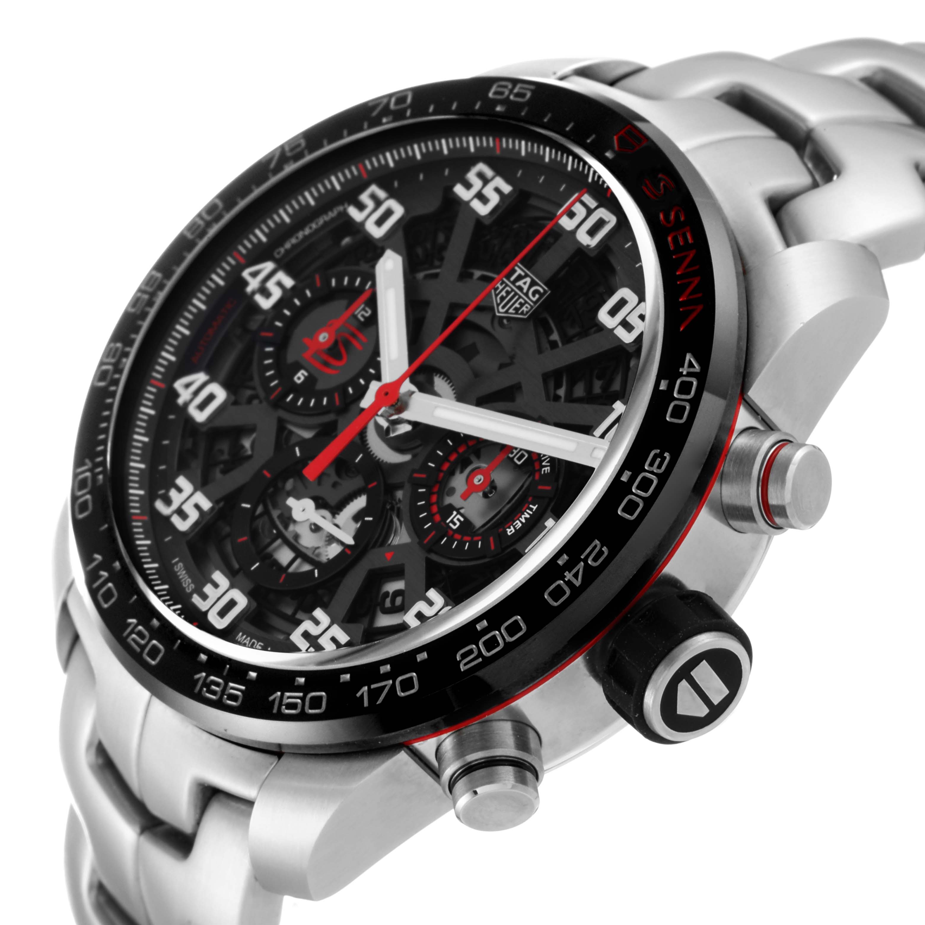 The image shows a close-up, angled view of the Tag Heuer Carrera CBG2013 Men's Stainless Steel Transparent Dial CBG2013 Men's Stainless Steel Transparent Dial watch's face and part of its silver bracelet.