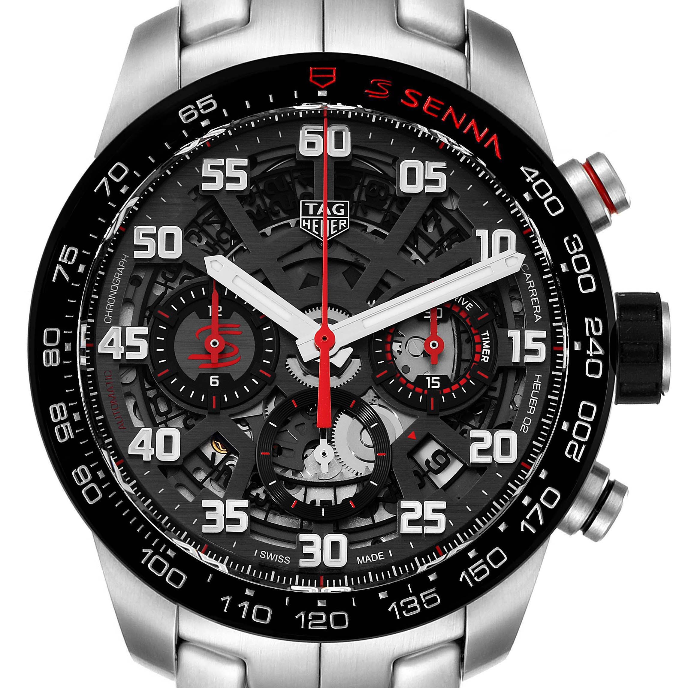 This image shows a front view of a Tag Heuer Carrera CBG2013 Men's Stainless Steel Transparent Dial CBG2013 Men's Stainless Steel Transparent Dial watch, highlighting the dial, chronograph subdials, and bezel.