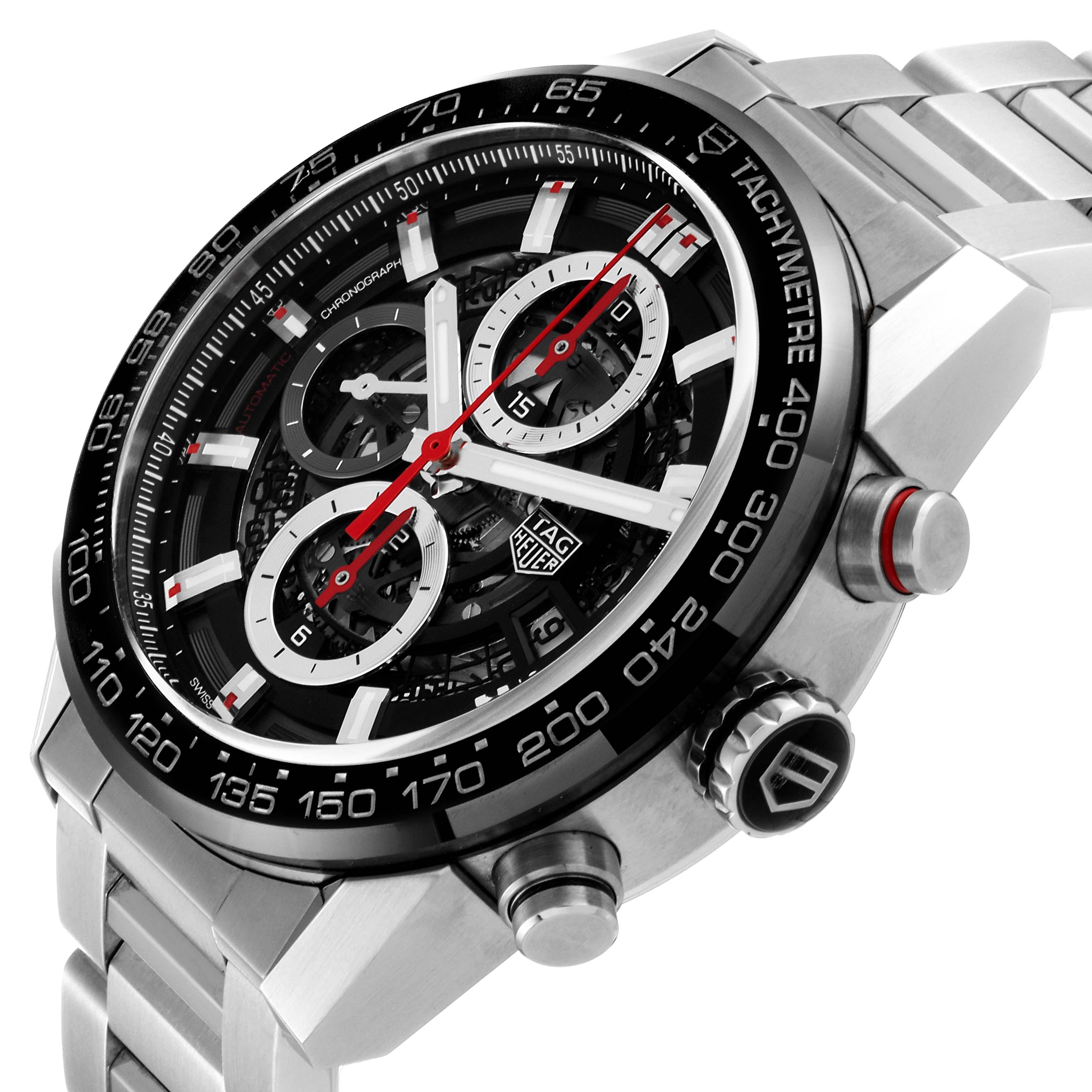 The image shows a side angle of the Tag Heuer Carrera CAR201V.BA0714 Men's Stainless Steel Black Dial CAR201V.BA0714 Men's Stainless Steel Black Dial watch, highlighting its face, tachymeter bezel, and stainless steel bracelet.