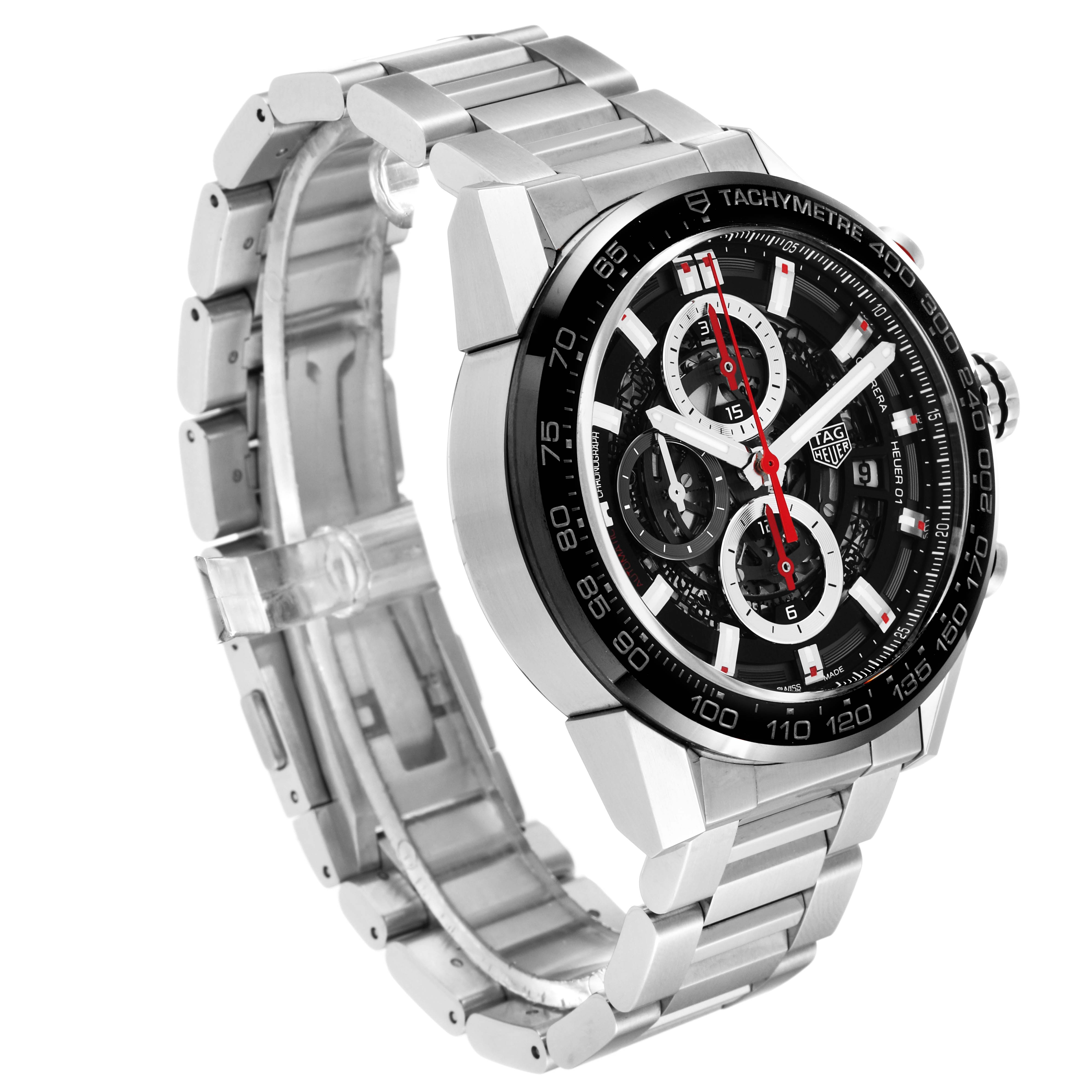 The image shows a side angle of a Tag Heuer Carrera CAR201V.BA0714 Men's Stainless Steel Black Dial CAR201V.BA0714 Men's Stainless Steel Black Dial watch, highlighting the face, bezel, crown, and stainless steel bracelet.