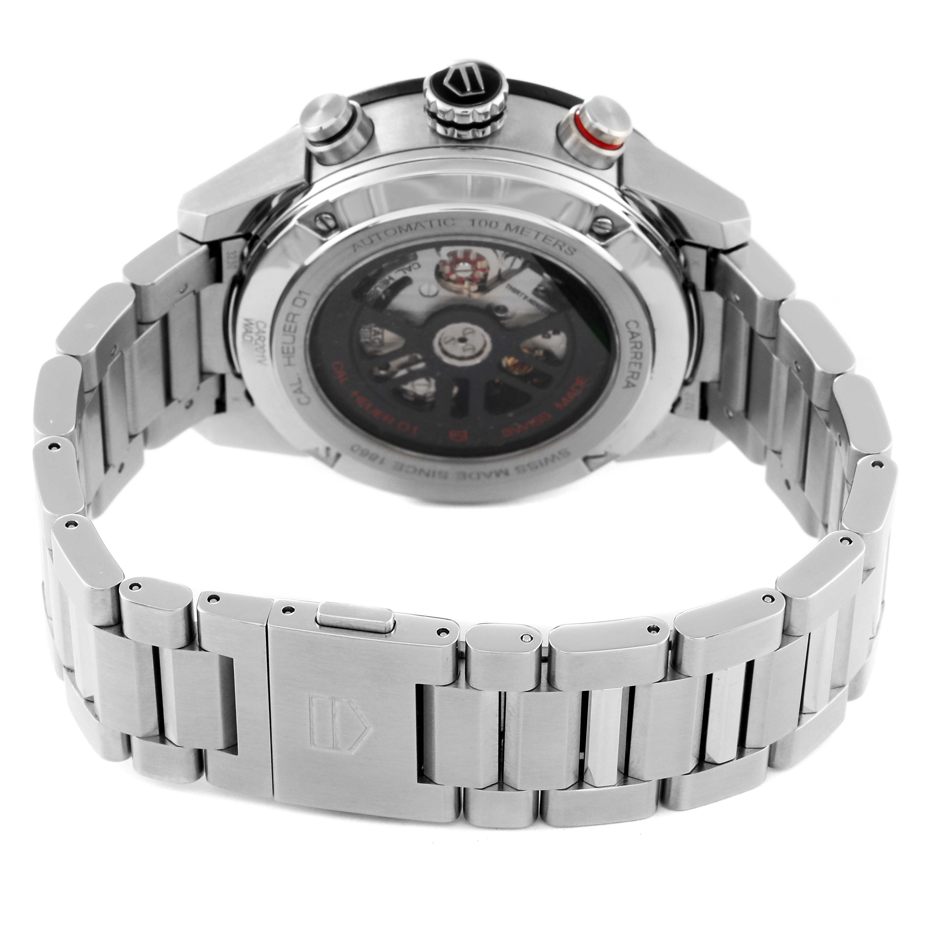The image shows the backside and bracelet of a Tag Heuer Carrera CAR201V.BA0714 Men's Stainless Steel Black Dial CAR201V.BA0714 Men's Stainless Steel Black Dial watch, highlighting the clasp and transparent case back.