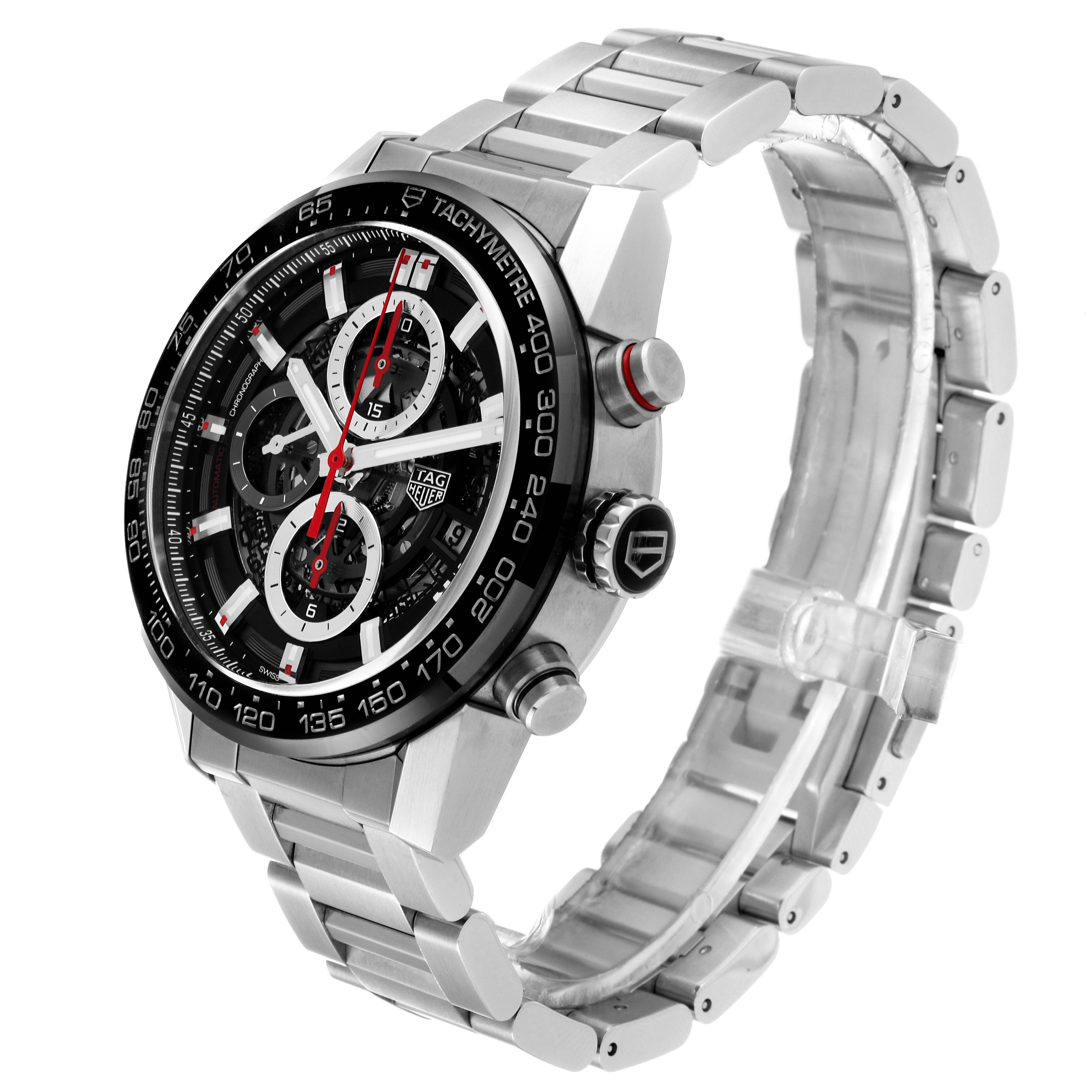 The image shows a Tag Heuer Carrera CAR201V.BA0714 Men's Stainless Steel Black Dial CAR201V.BA0714 Men's Stainless Steel Black Dial watch at a slight angle, highlighting the face, bezel, and metal band.