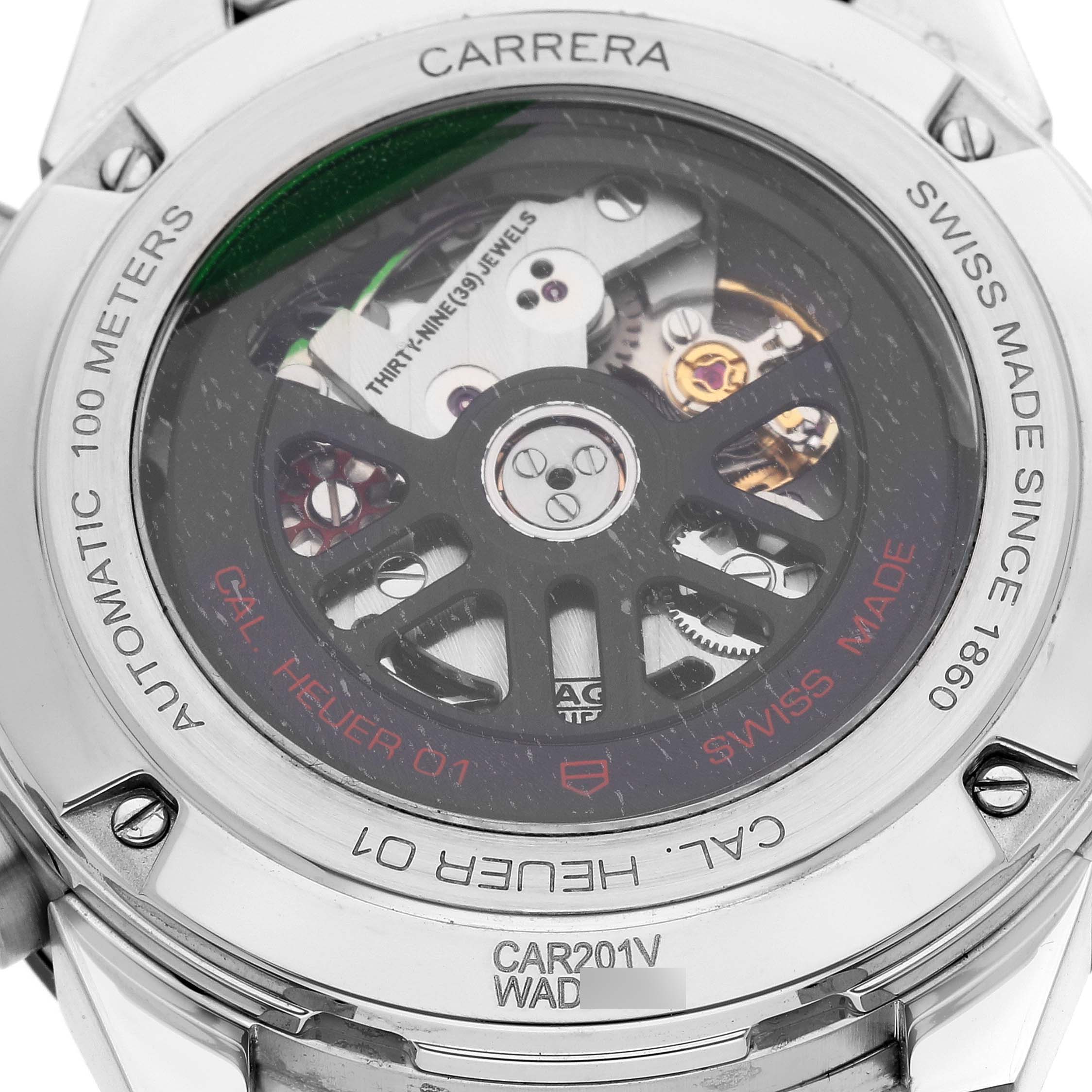 This image shows the back view of a Tag Heuer Carrera CAR201V.BA0714 Men's Stainless Steel Black Dial CAR201V.BA0714 Men's Stainless Steel Black Dial watch, displaying its transparent case back and internal mechanism.