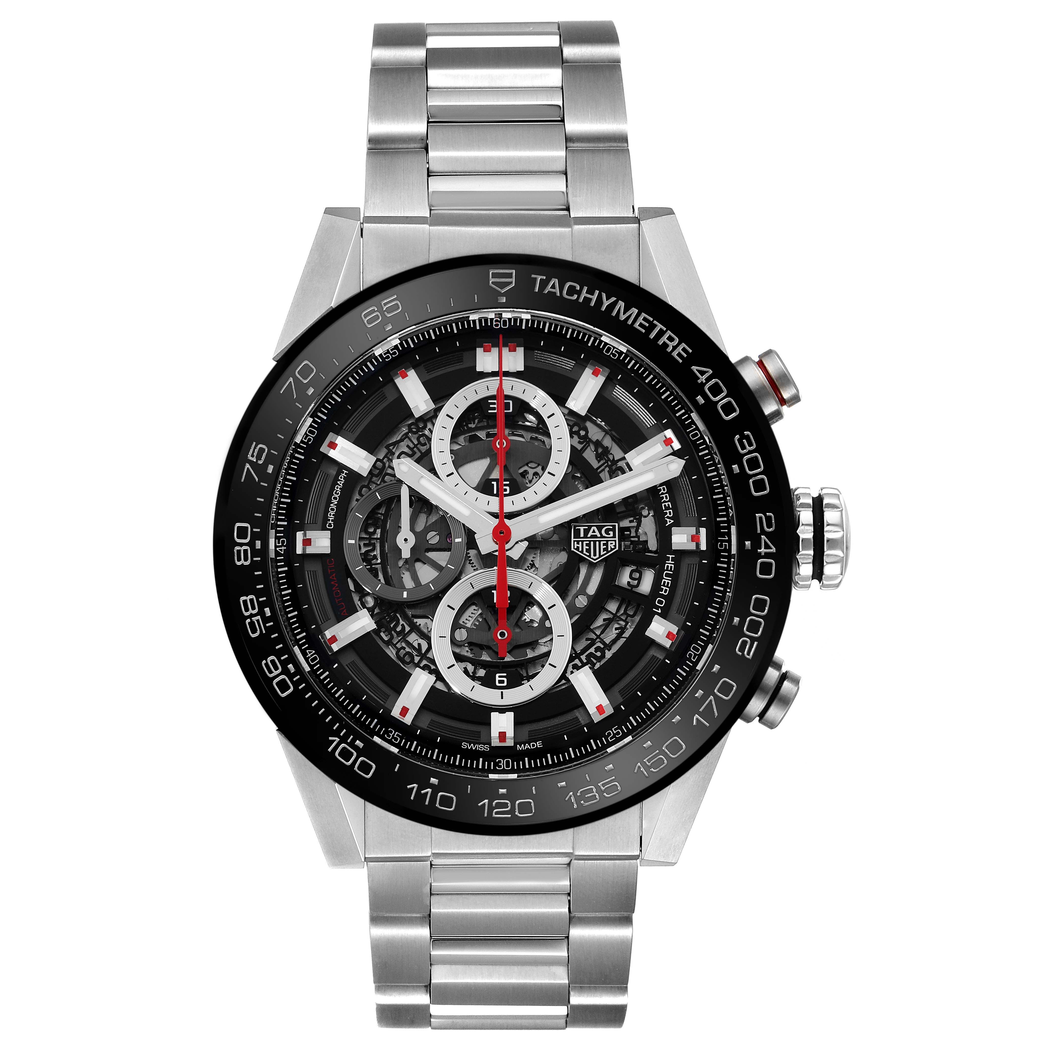 The image shows a front view of the Tag Heuer Carrera CAR201V.BA0714 Men's Stainless Steel Black Dial CAR201V.BA0714 Men's Stainless Steel Black Dial model watch, highlighting the face, dials, and stainless steel strap.
