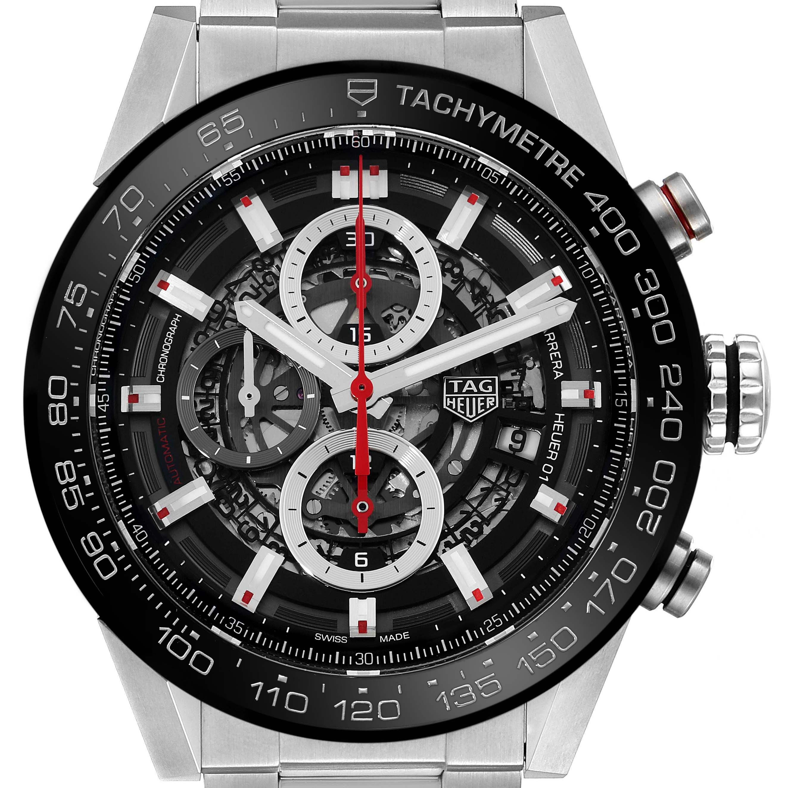 The Tag Heuer Carrera CAR201V.BA0714 Men's Stainless Steel Black Dial CAR201V.BA0714 Men's Stainless Steel Black Dial model watch is shown from a straight-on angle, highlighting its chronograph sub-dials, tachymeter bezel, and intricate dial design.
