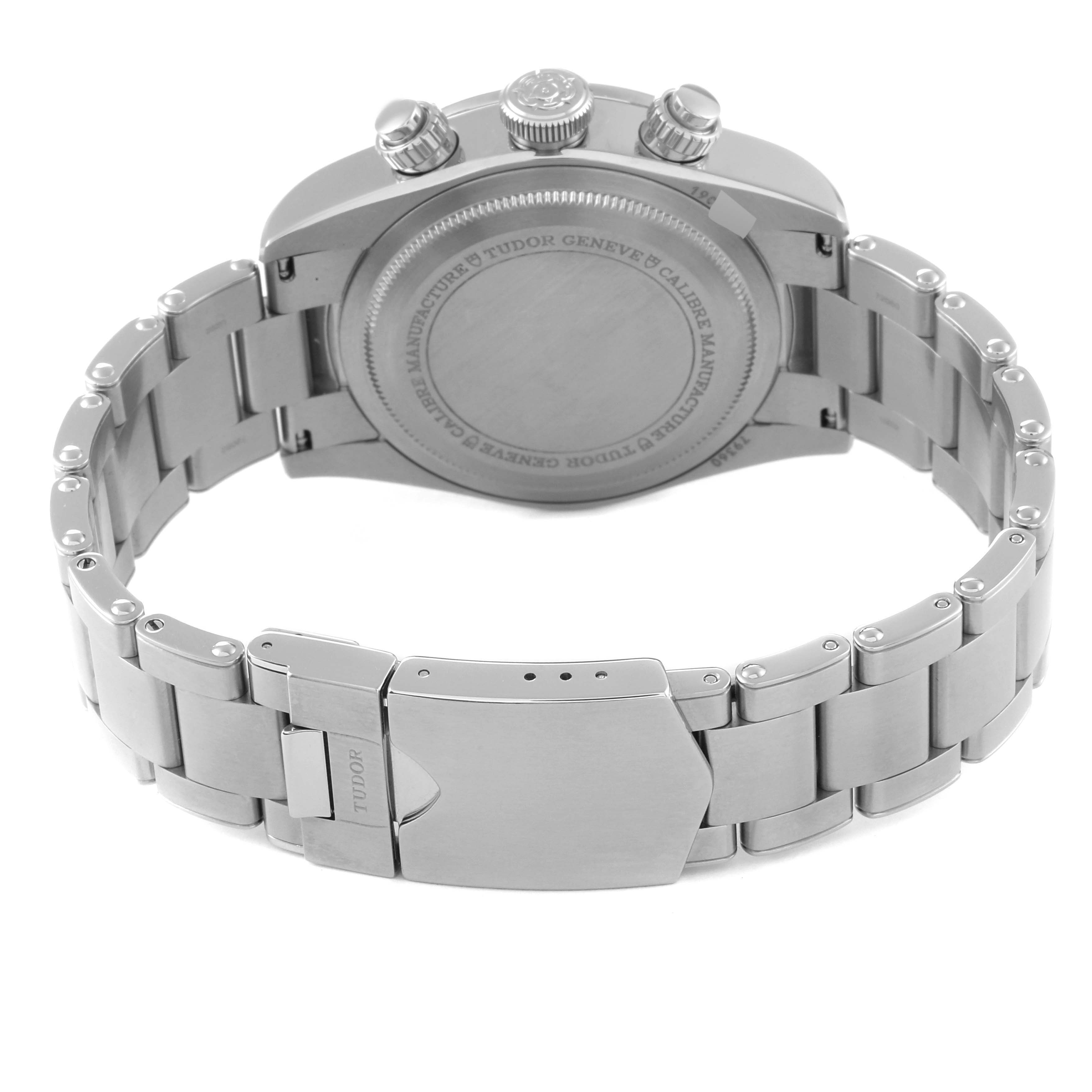 The image shows the back case, bracelet, and clasp of a Tudor Heritage Chrono 79360N-0001 Men's Stainless Steel Black Dial 79360N-0001 Men's Stainless Steel Black Dial watch from a rear angle.