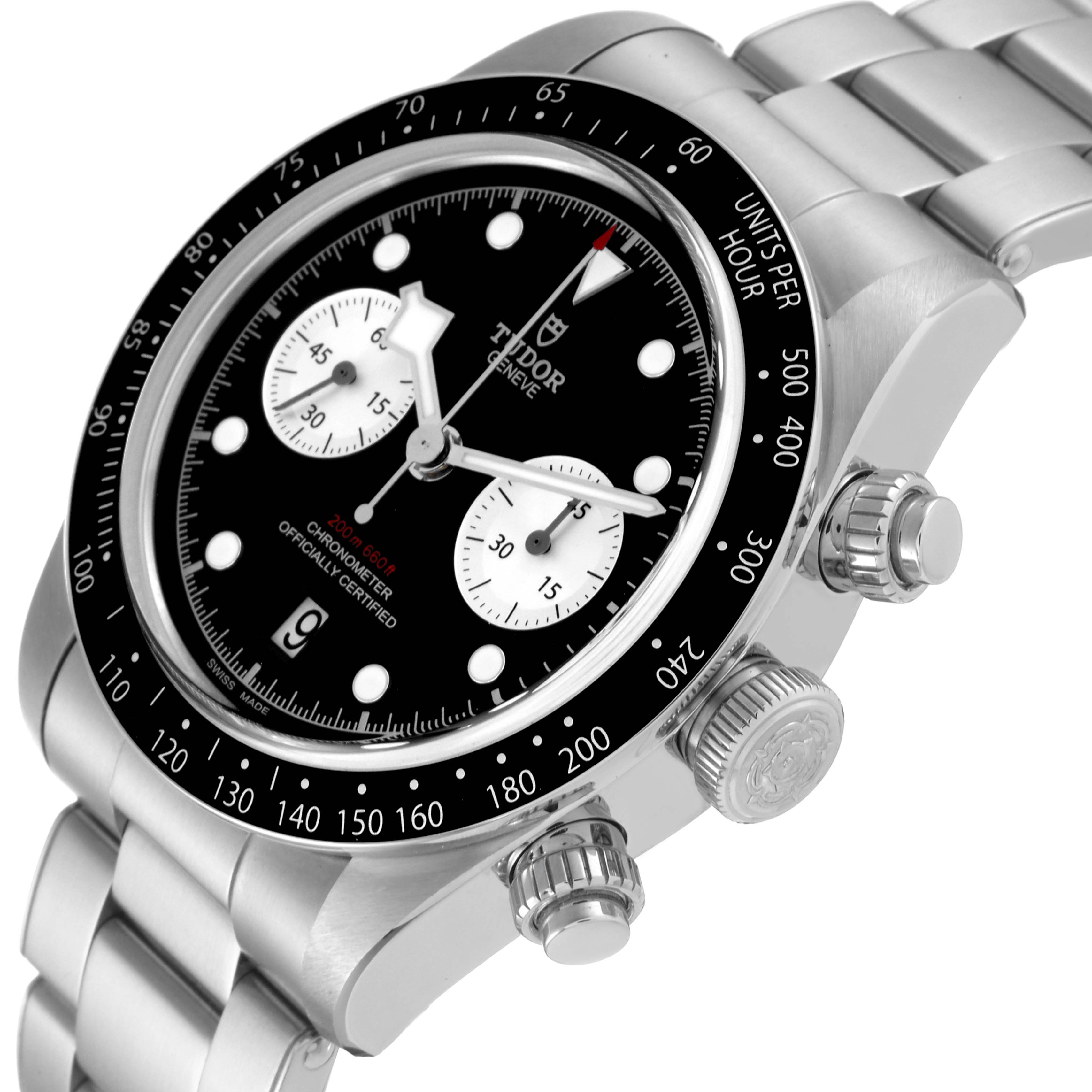 This image shows the Tudor Heritage Chrono 79360N-0001 Men's Stainless Steel Black Dial 79360N-0001 Men's Stainless Steel Black Dial watch at an angle, highlighting the dial, bezel, crown, and bracelet.